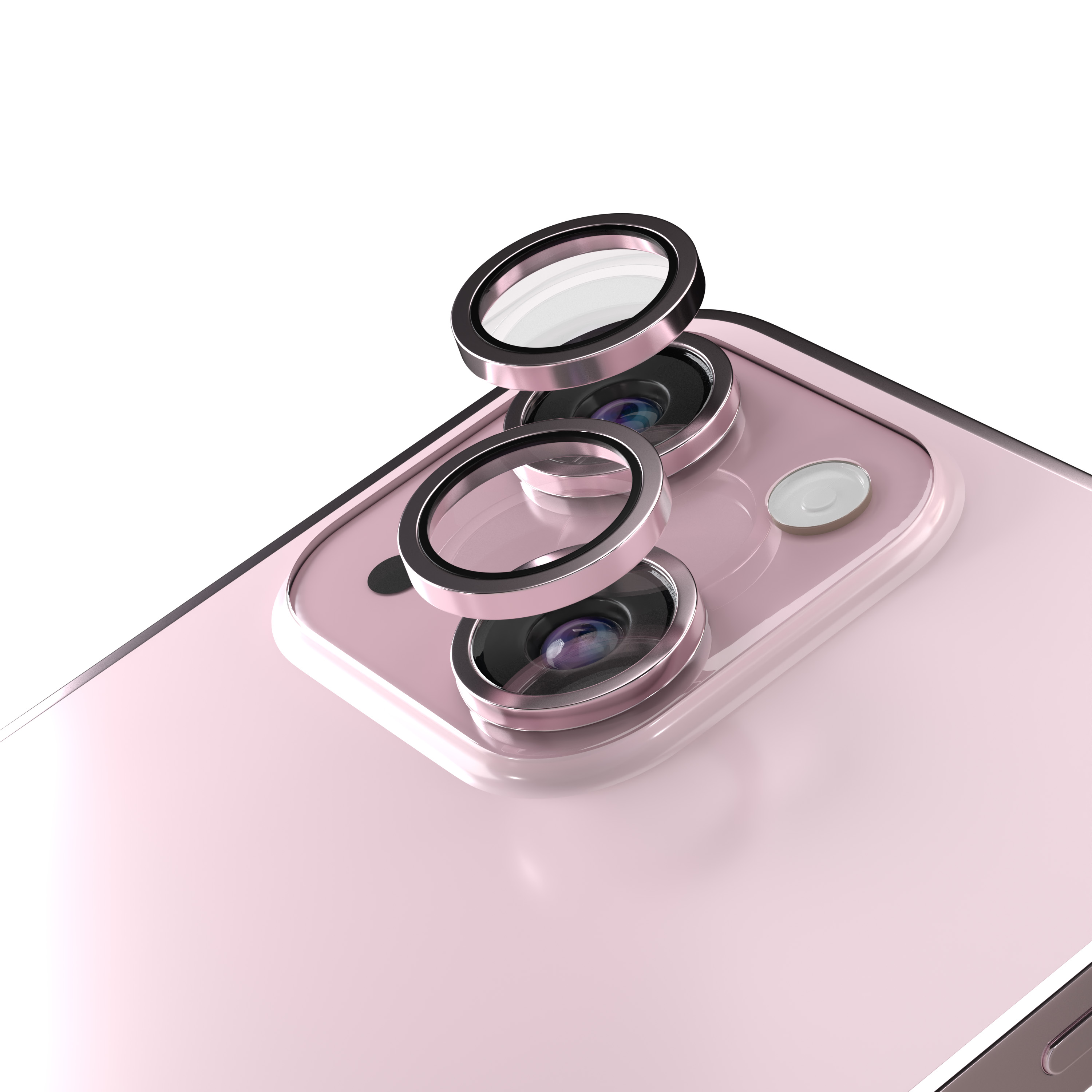 Retro del telefono rosa con tre obiettivi della fotocamera e anelli protettivi.
