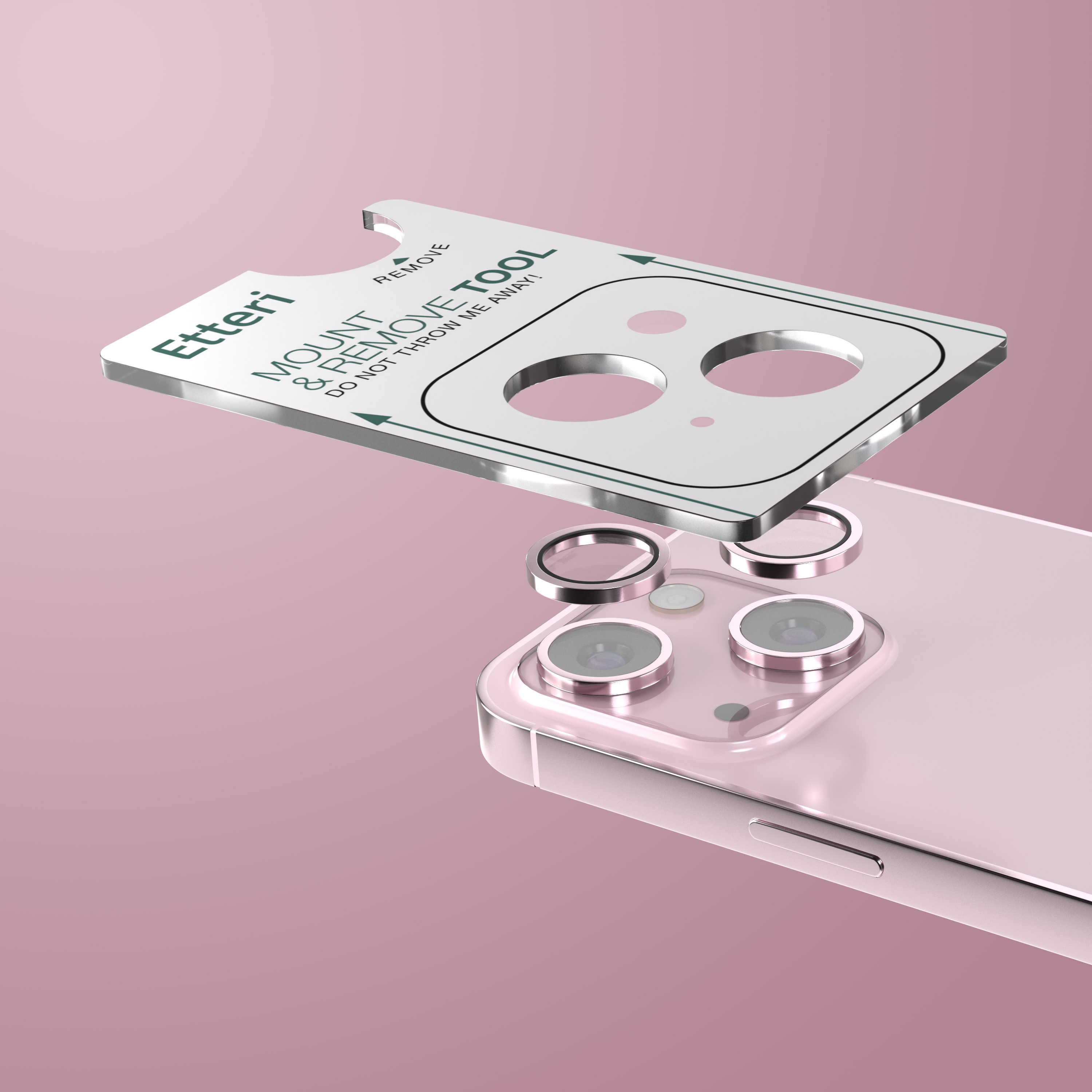 Un attrezzo argentato per montare le fotocamere dell'iPhone su un iPhone rosa.