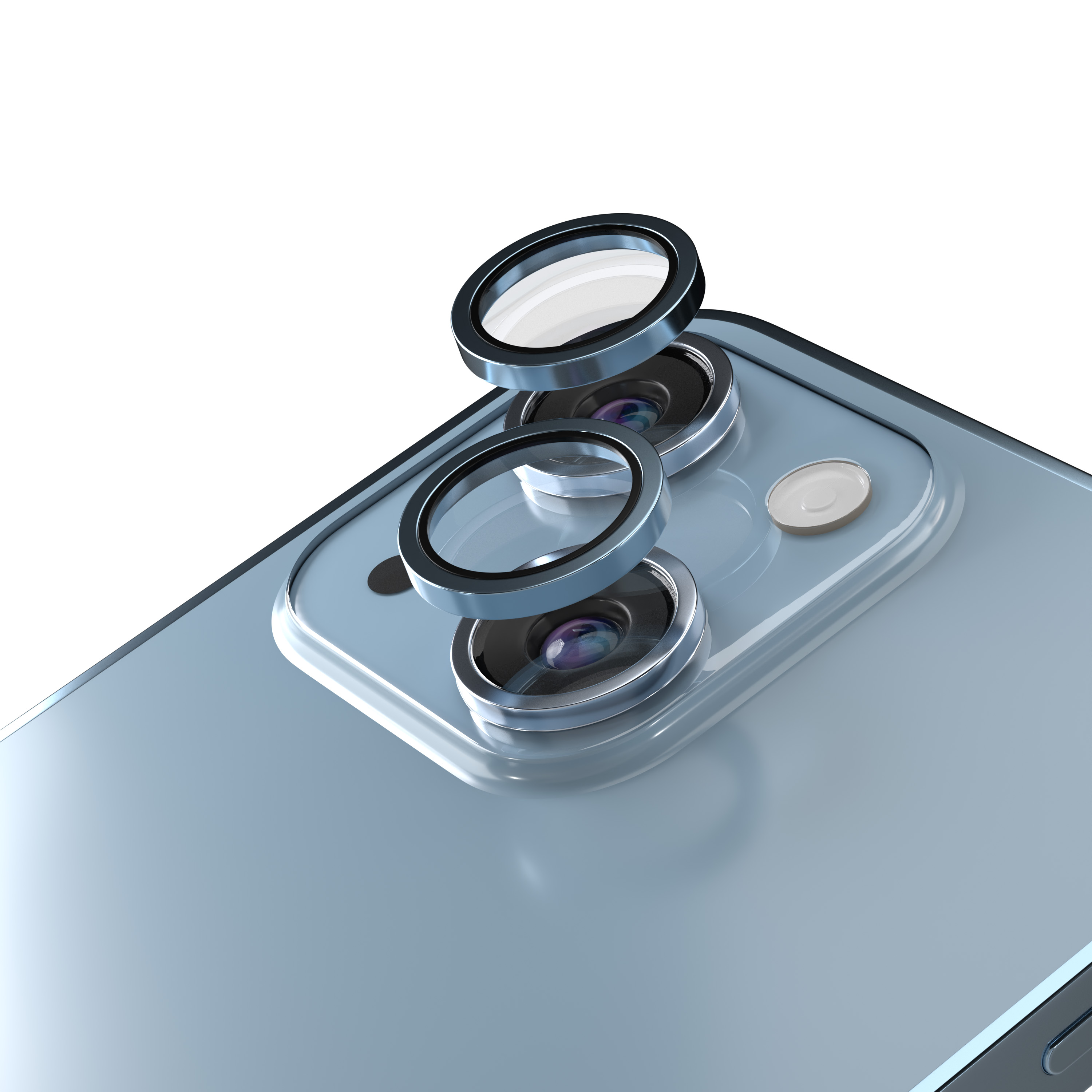 Primo piano del retro di uno smartphone azzurro con tre obiettivi della fotocamera.