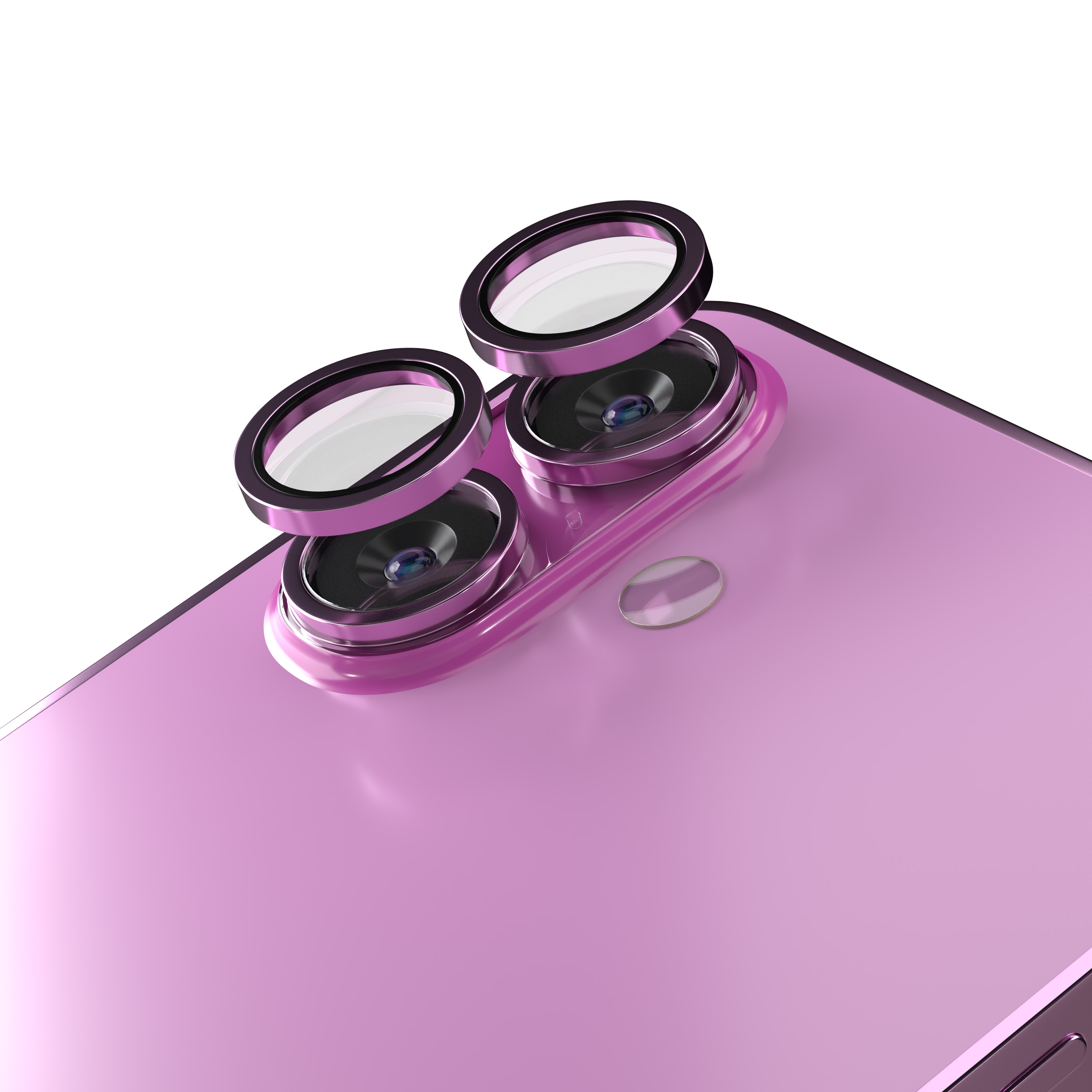 Uno smartphone viola con tre obiettivi e un bordo metallico lucido.