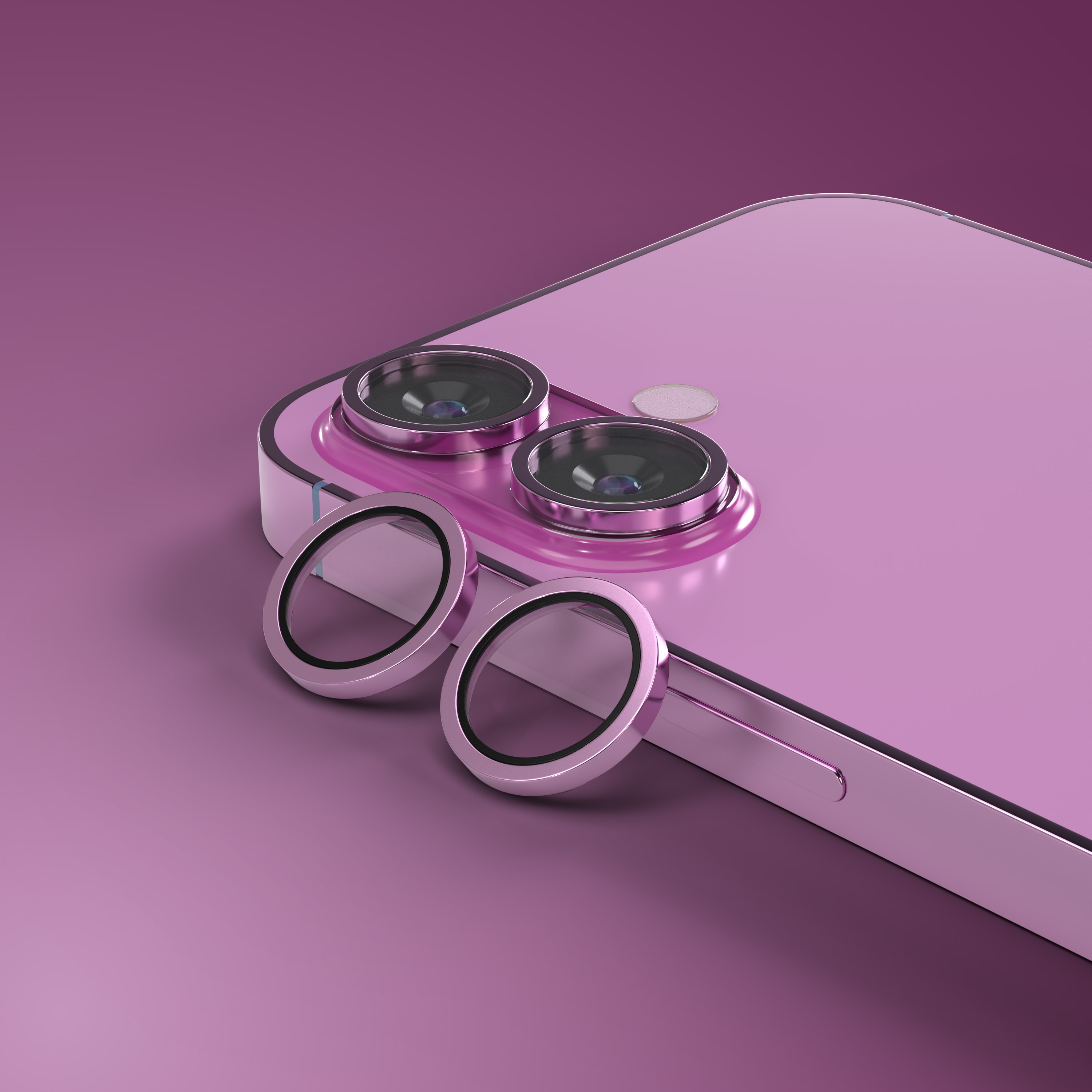iPhone viola con due obiettivi della fotocamera e due copriobiettivi in vetro.