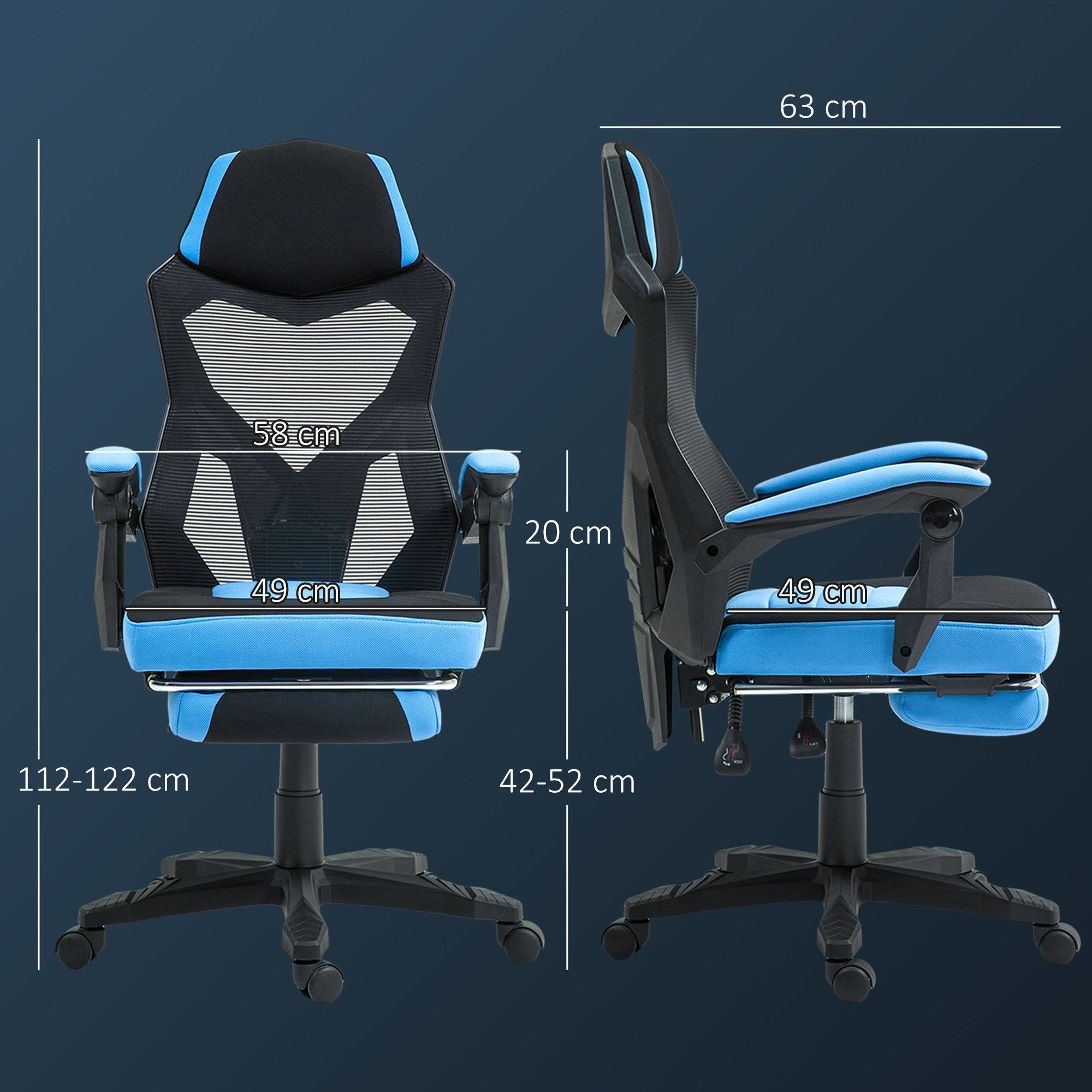 Silla gamer negra y azul con dimensiones.