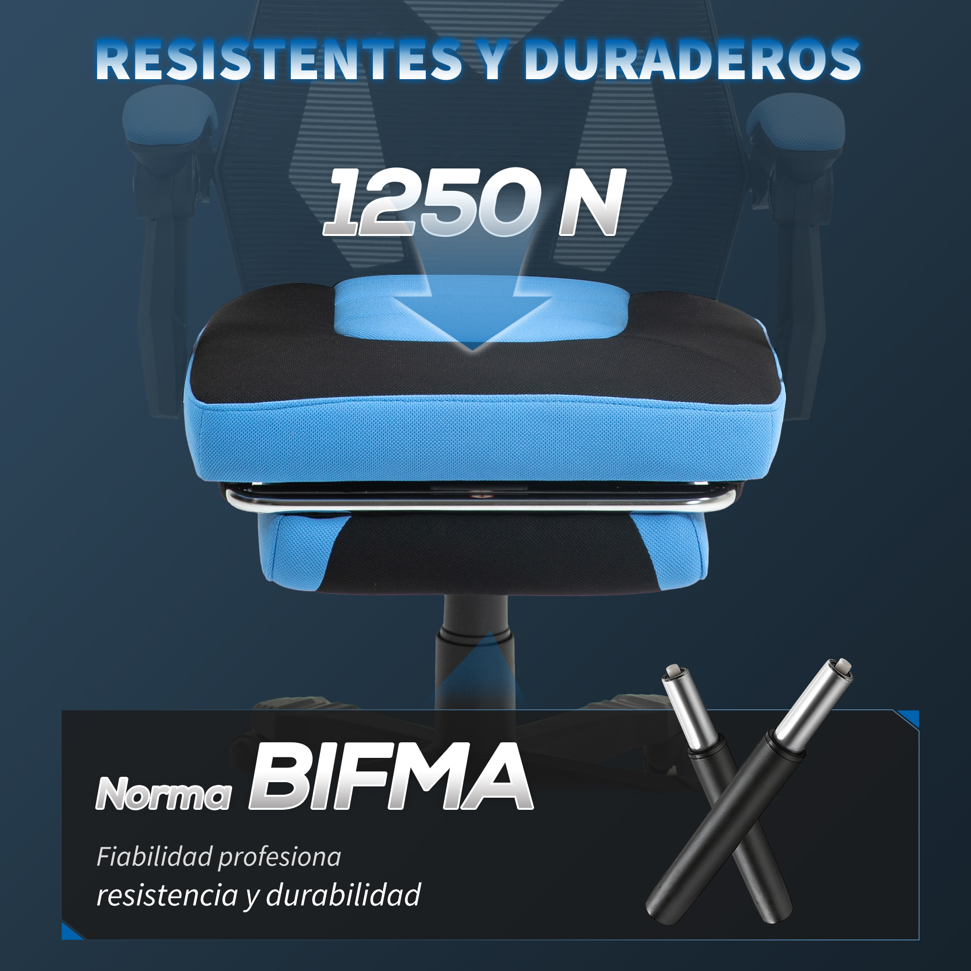 Silla de oficina azul y negra con capacidad de carga de 1250 N.