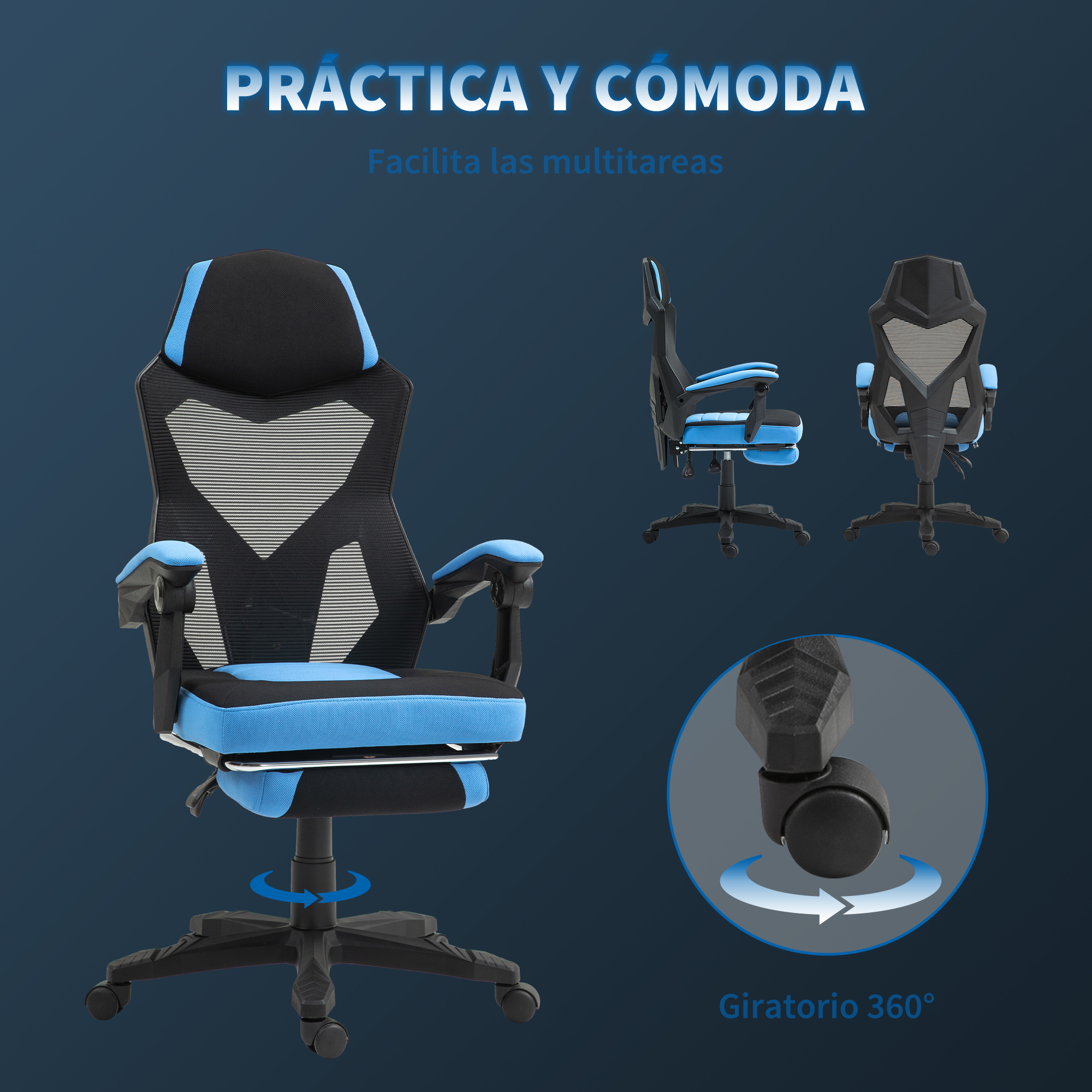 Una silla gamer negra y azul con reposabrazos y reposapiés ajustables.