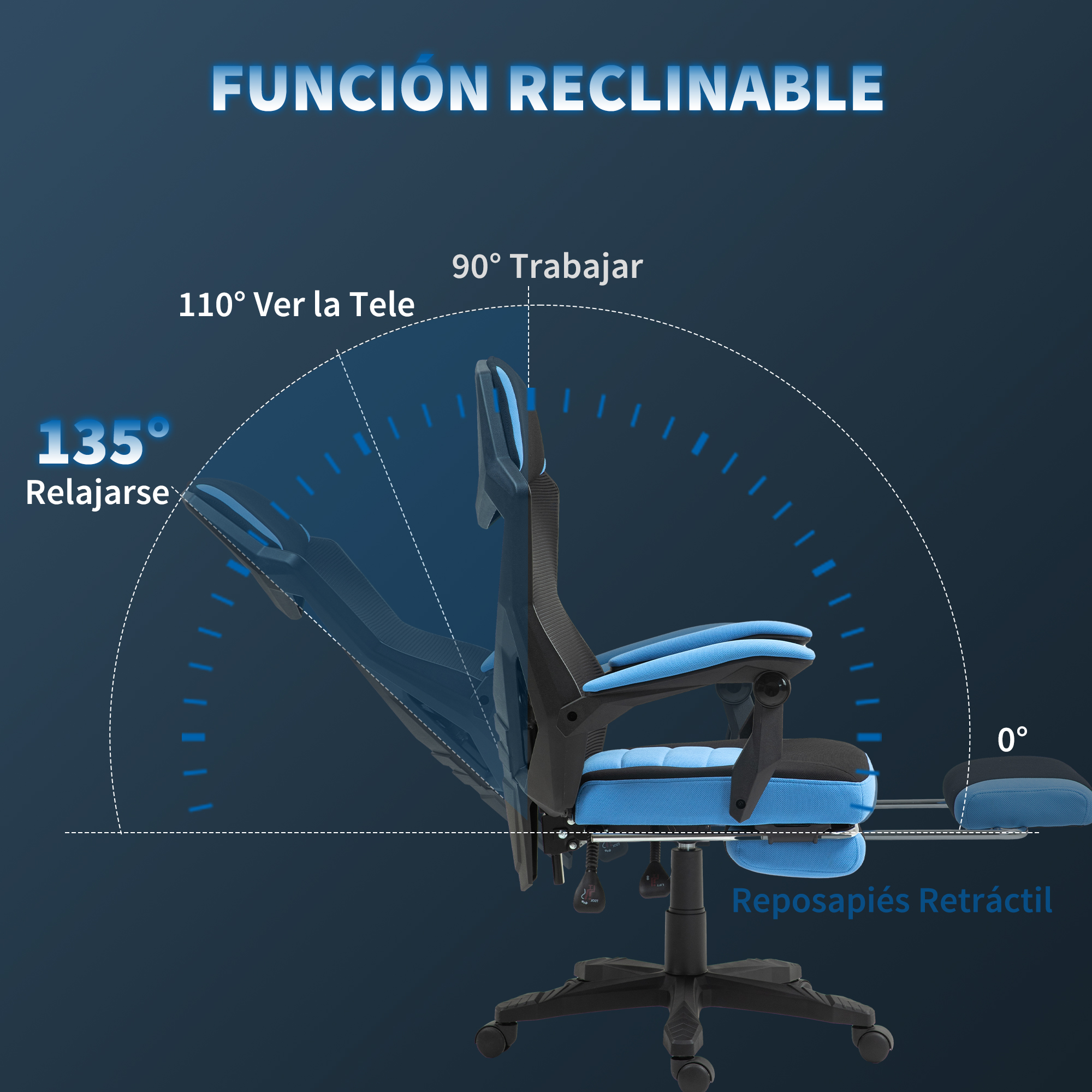 Una silla de oficina azul con reposapiés retráctil en varios ángulos reclinados.