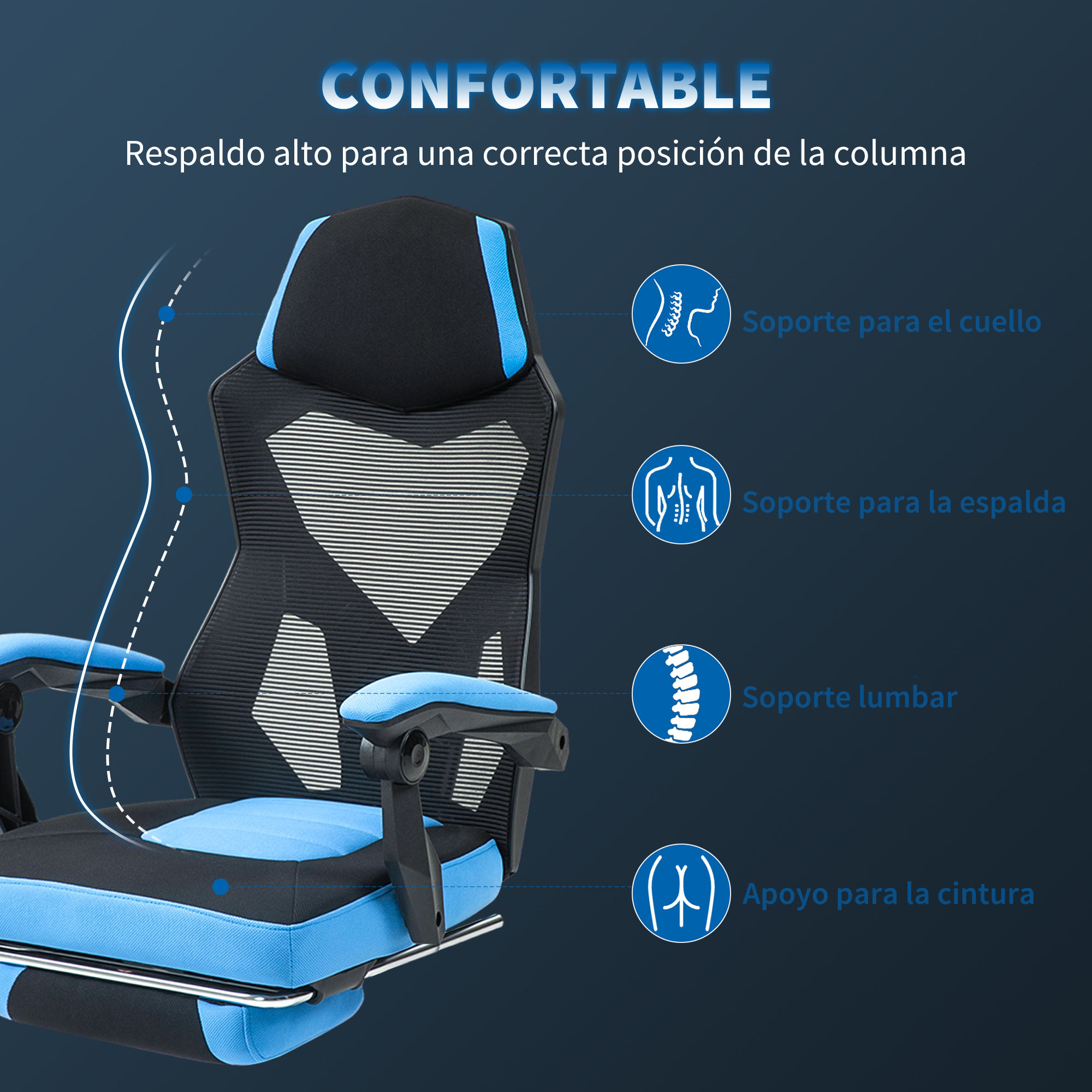 Silla ergonómica con soporte para cuello, espalda y lumbares.