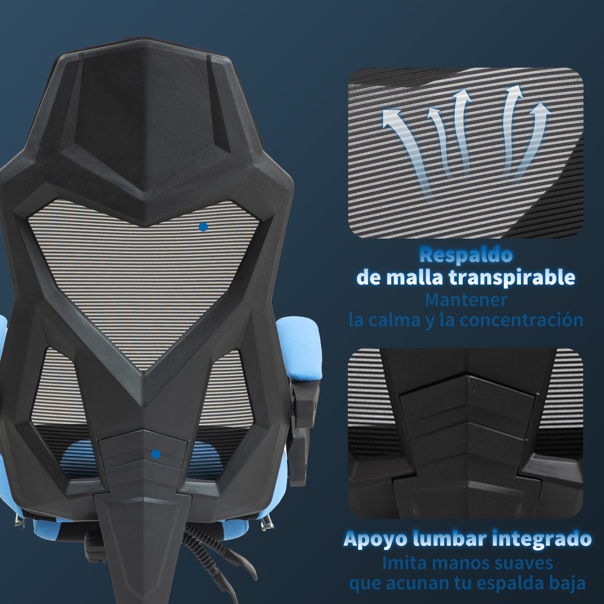 Silla de oficina negra con detalles azules, respaldo de malla transpirable y soporte lumbar.