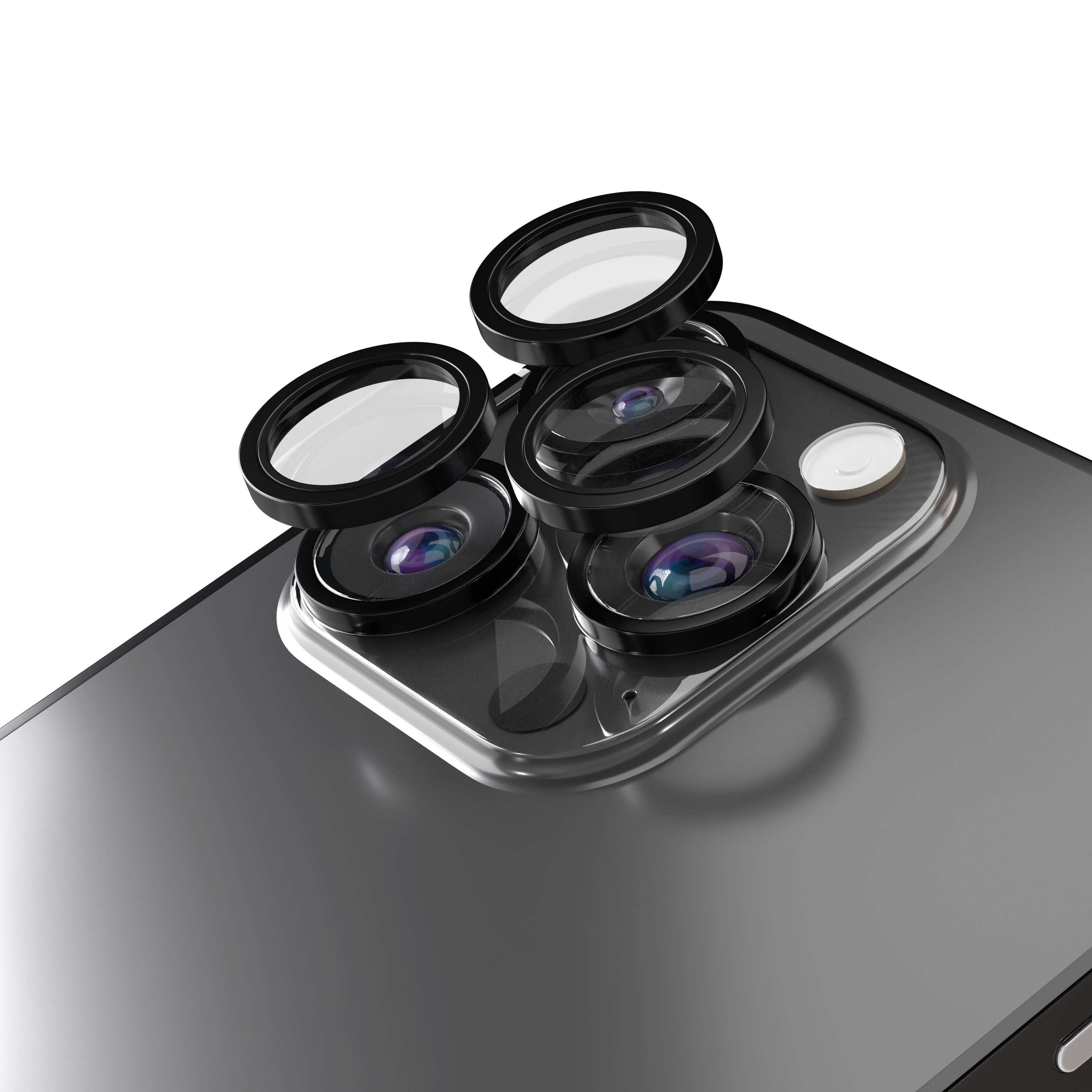 Tre lenti della fotocamera su un alloggiamento scuro per smartphone.