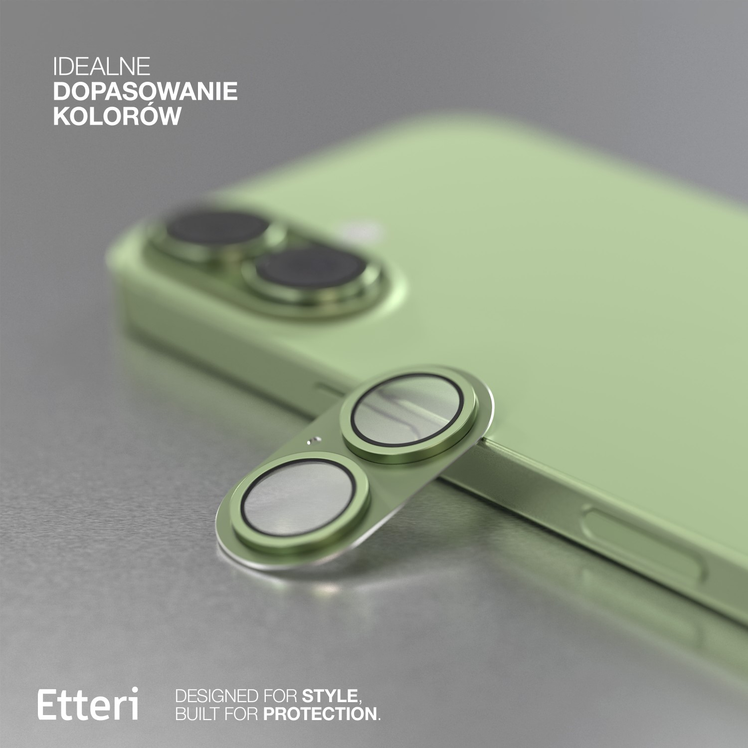 Jasnozielony telefon z obiektywami aparatu na metalowym tle.