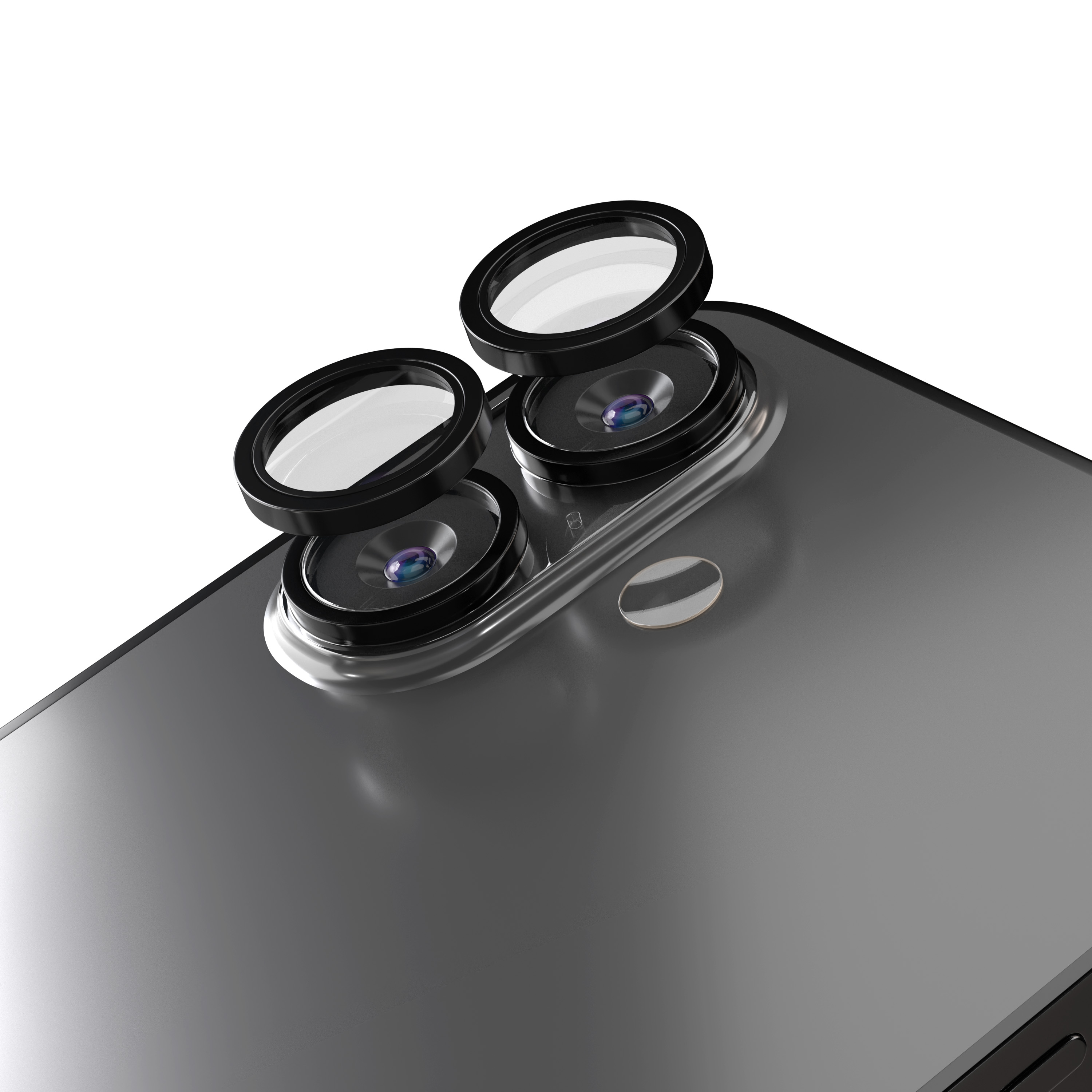 Tre lenti della fotocamera su una custodia scura per smartphone.