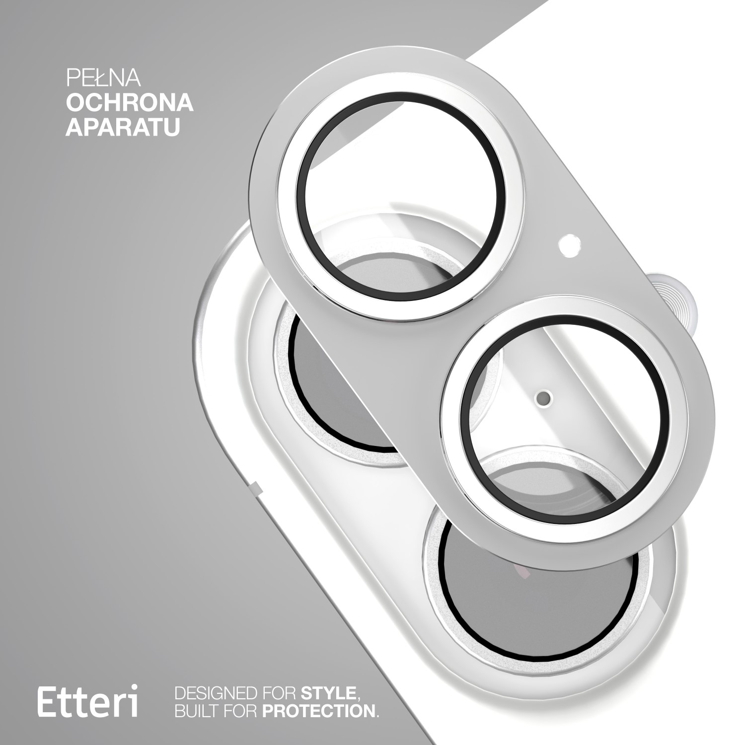 Un proteggi obiettivo bianco con tre lenti circolari su sfondo grigio.