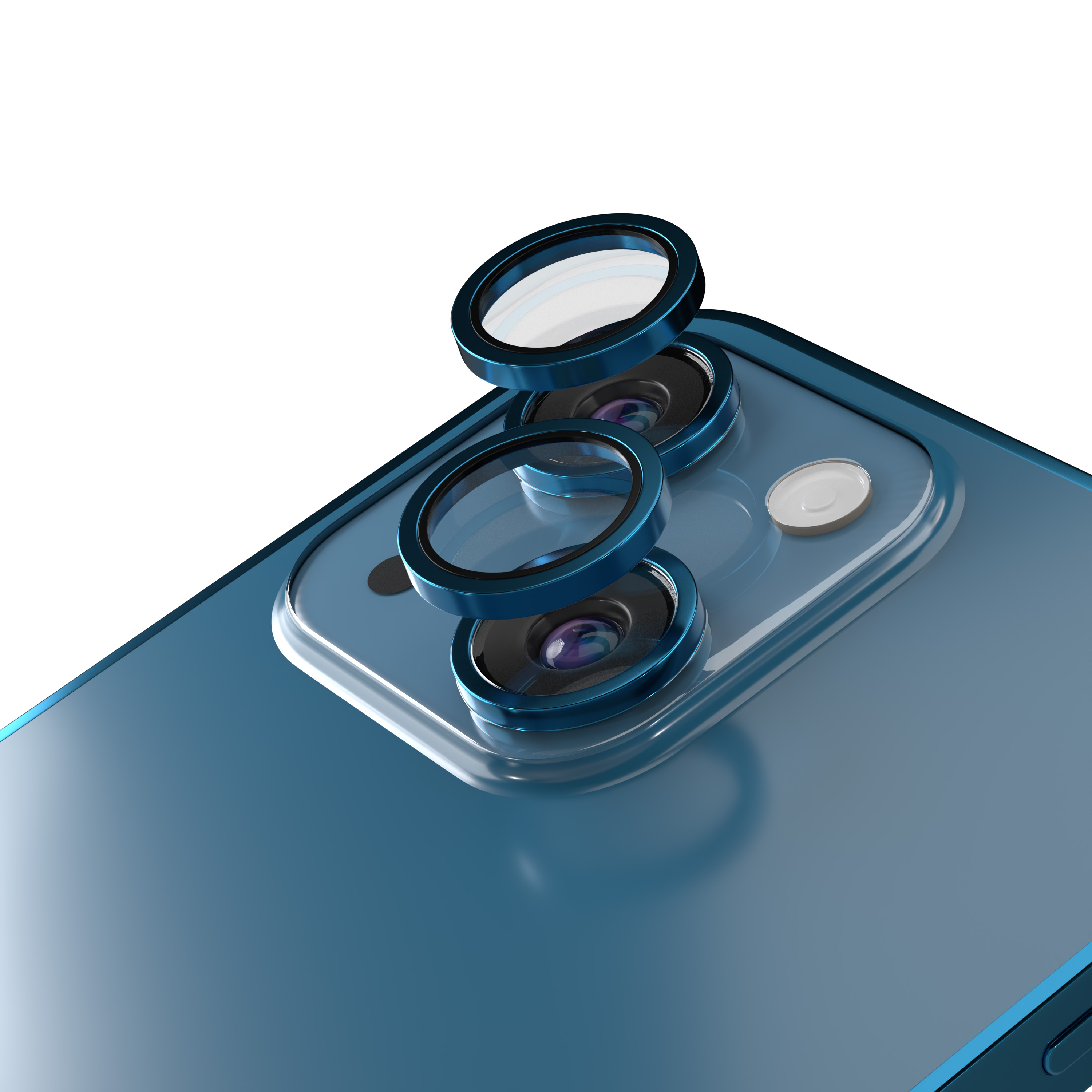 Tre obiettivi della fotocamera con anelli blu su uno smartphone blu.