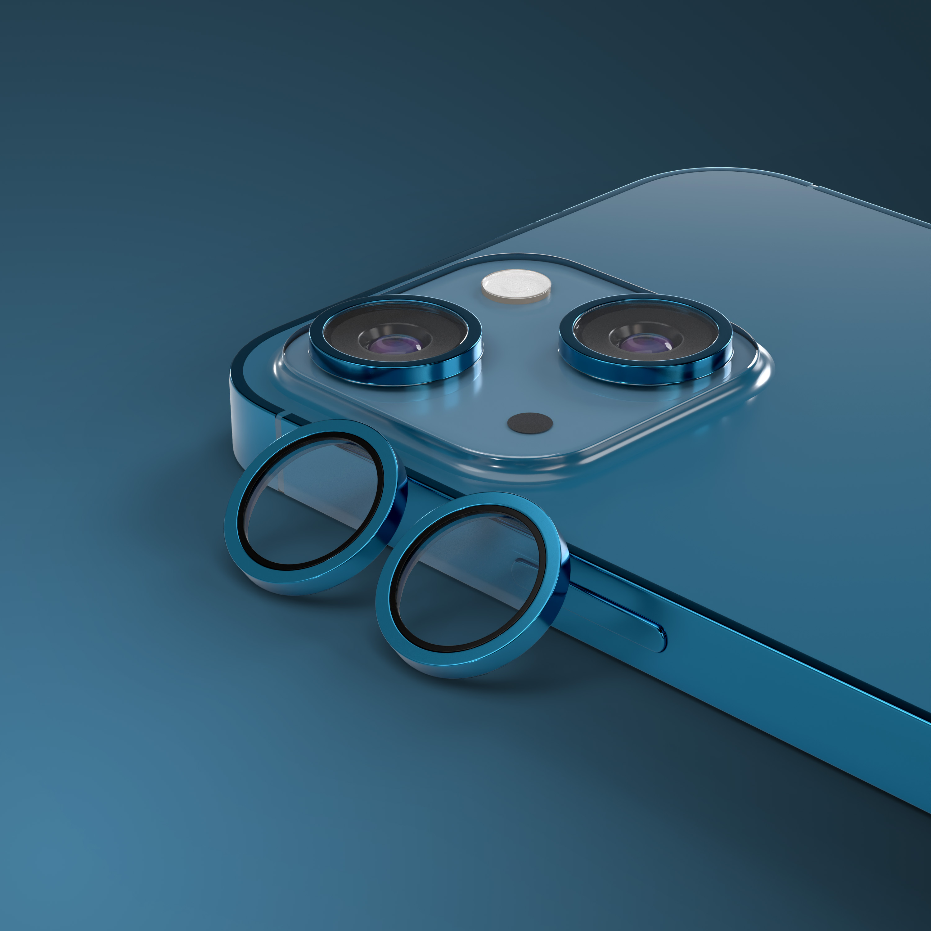 Fotocamera per smartphone blu con due obiettivi e due copriobiettivi.