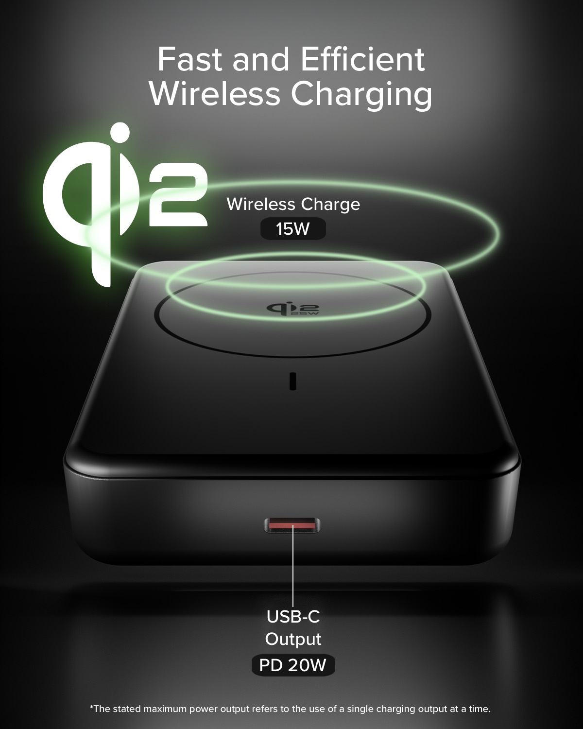 Caricatore wireless nero con logo Qi2, 15W wireless e 20W USB-C.