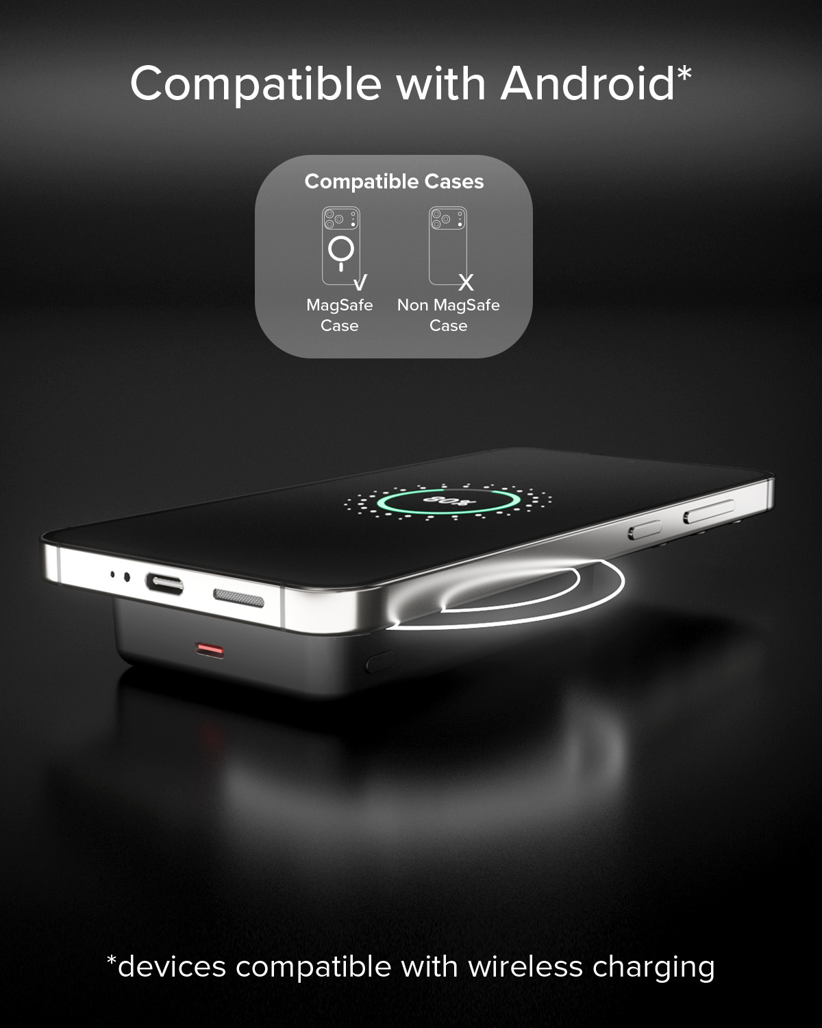 Caricatore wireless nero con telefono, mostra compatibilità custodie MagSafe e non MagSafe.