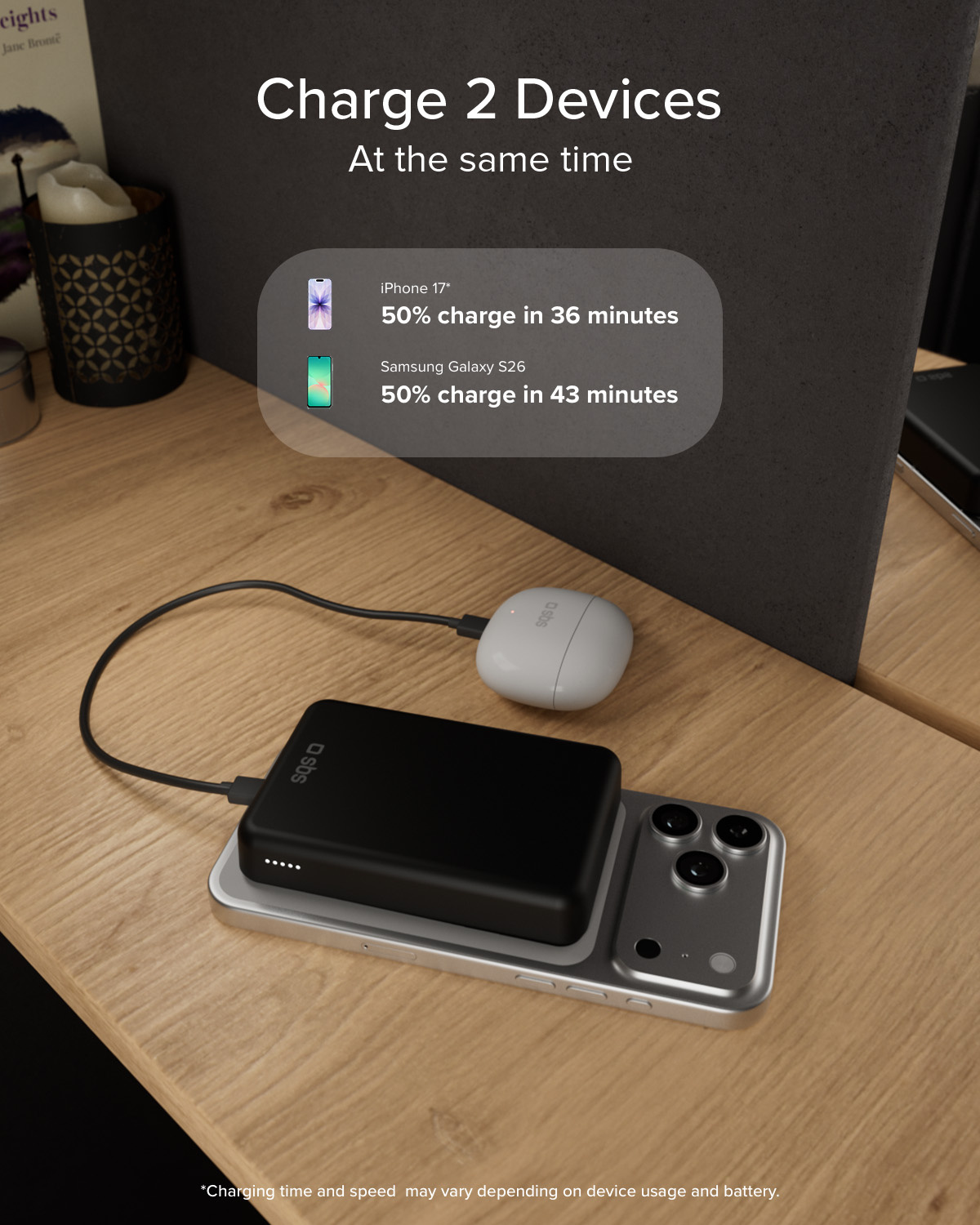 Un power bank nero carica un telefono, un gadget bianco carica AirPods.