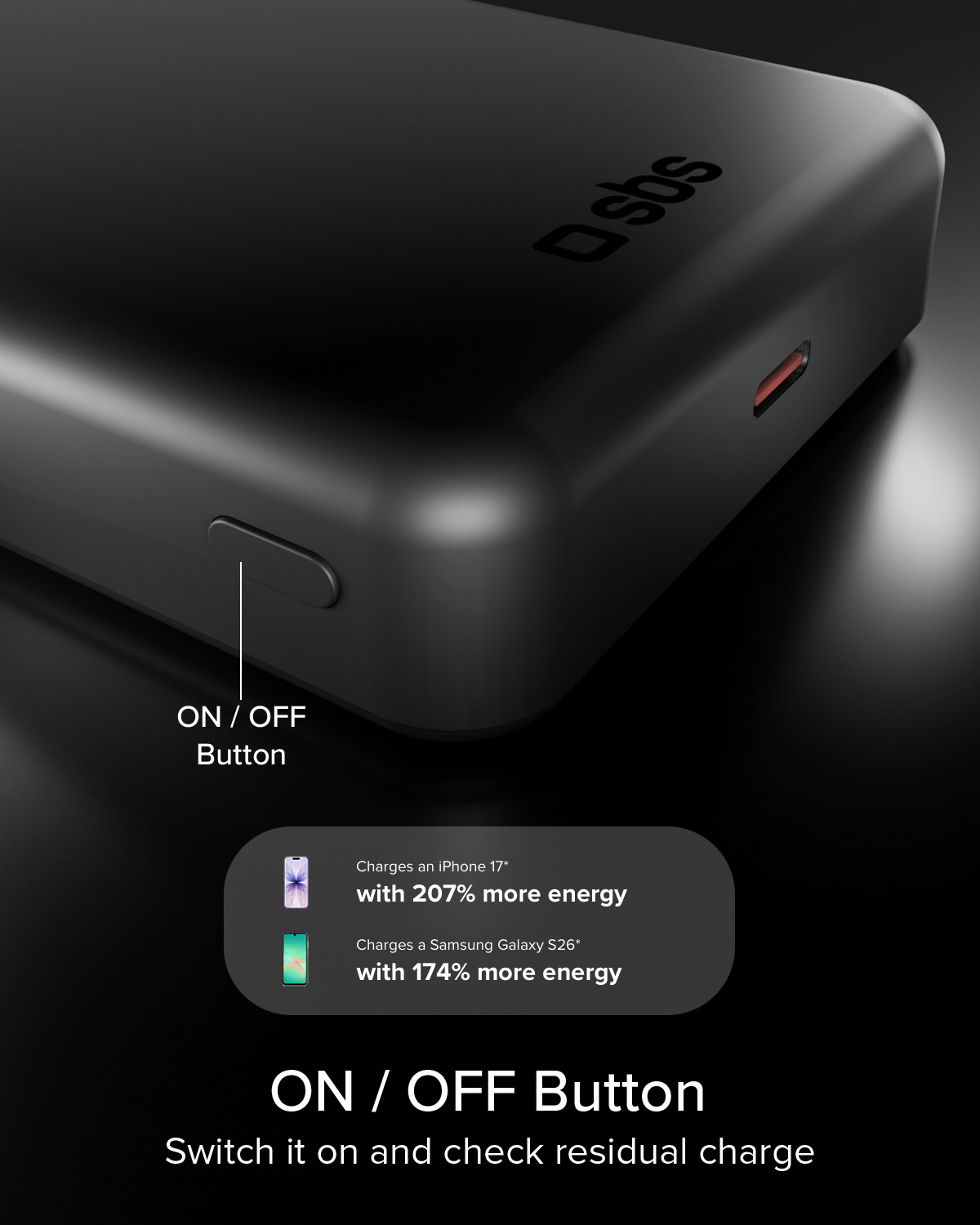 Power bank nera con logo SBS, porte di ricarica e indicatori.
