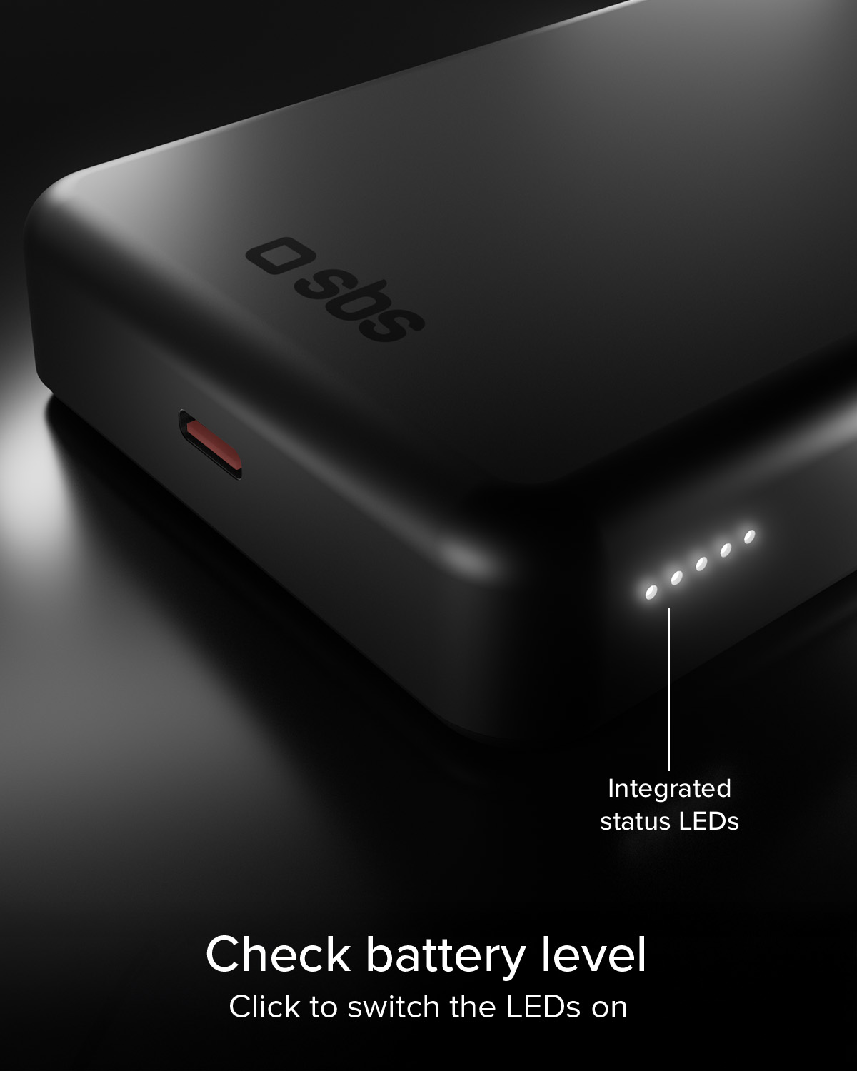 Power bank nero con LED illuminati e logo SBS.