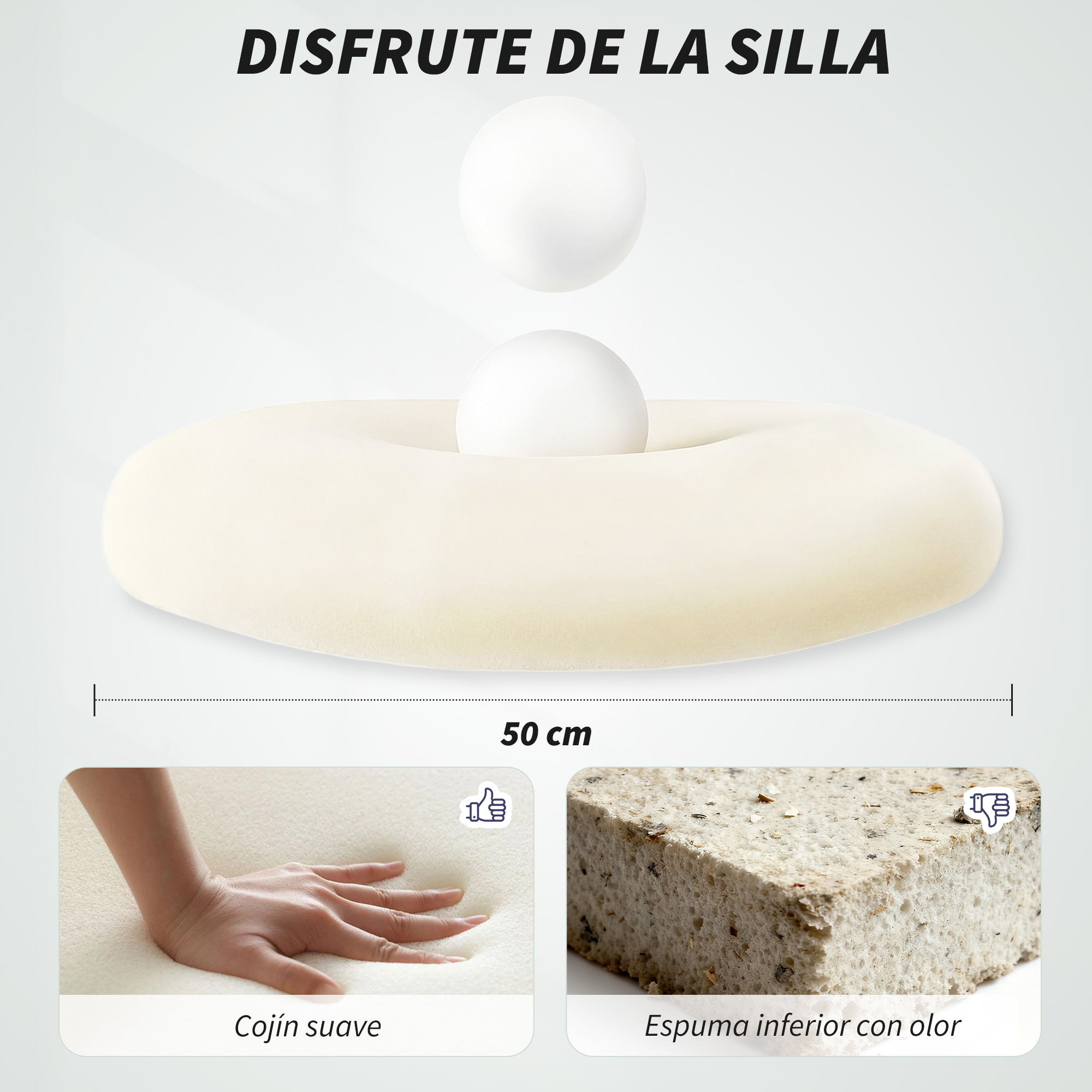 Anillo de asiento beige con dos bolas blancas. Indicación de 50 cm.