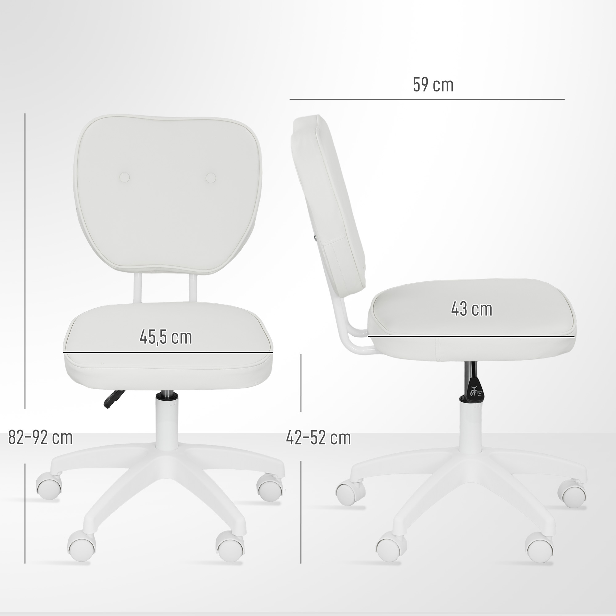 Vista frontal y lateral de silla de oficina blanca con medidas.