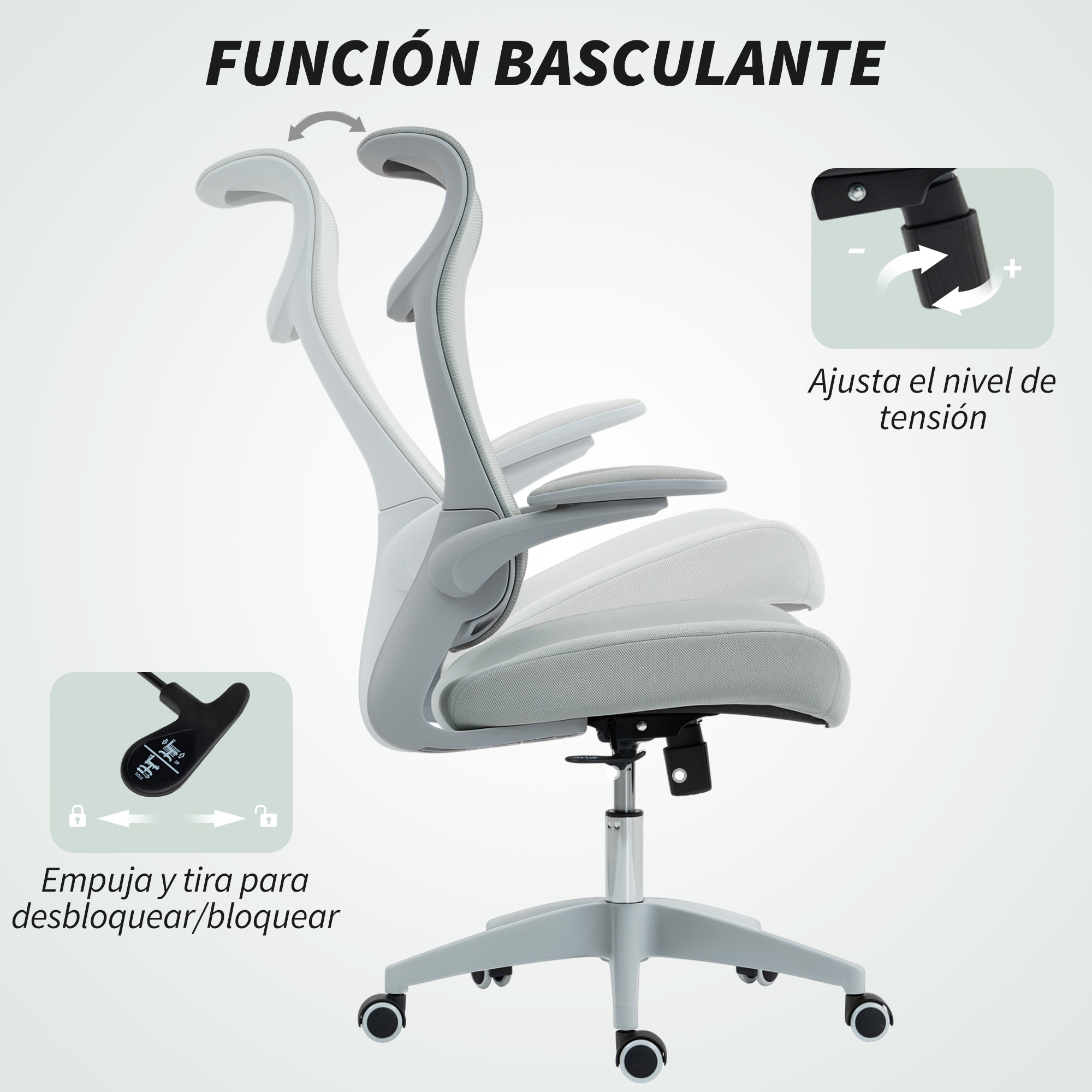 Una silla de oficina gris con función basculante y palancas para ajustar tensión y bloqueo.