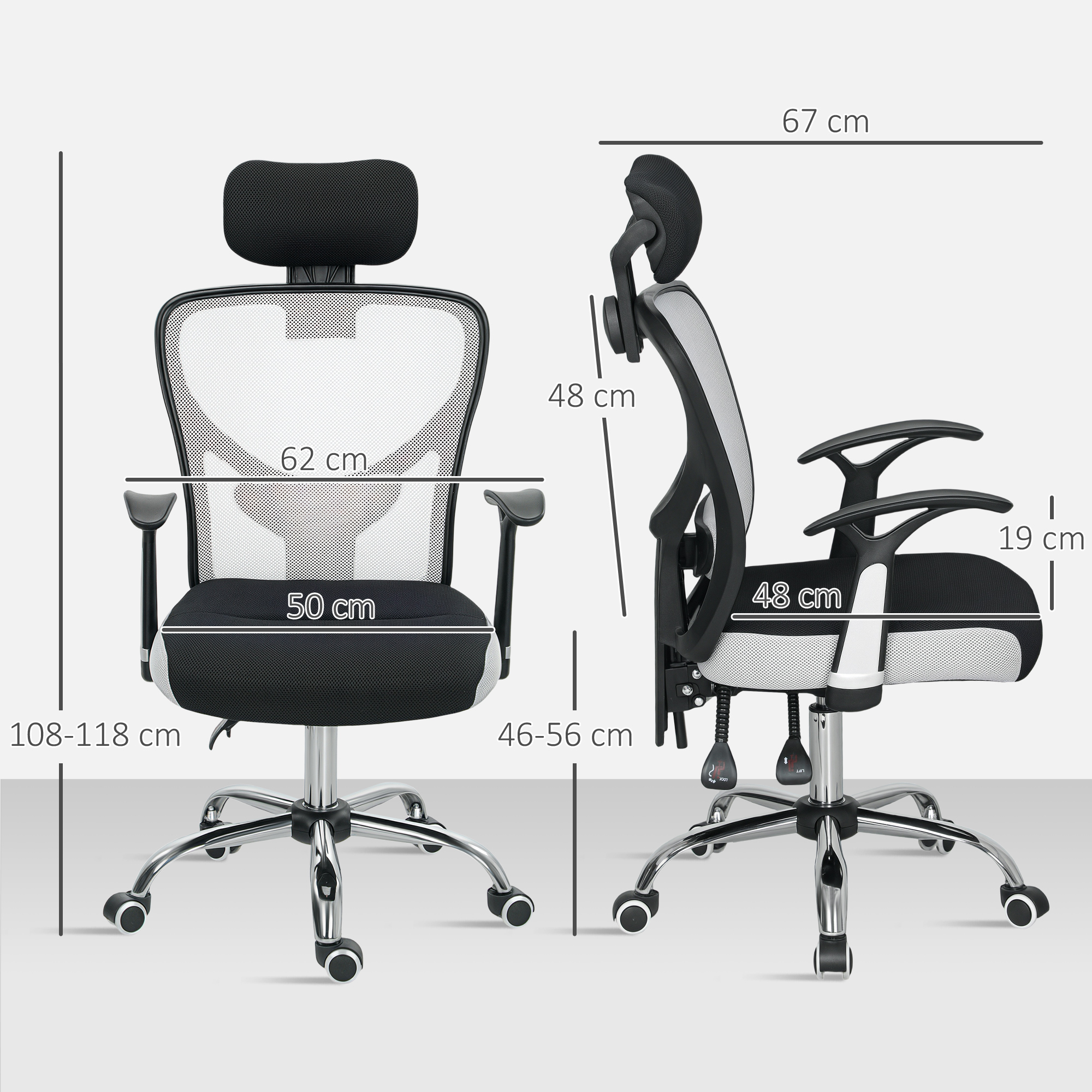 Silla de oficina ergonómica con reposacabezas, brazos ajustables y ruedas.