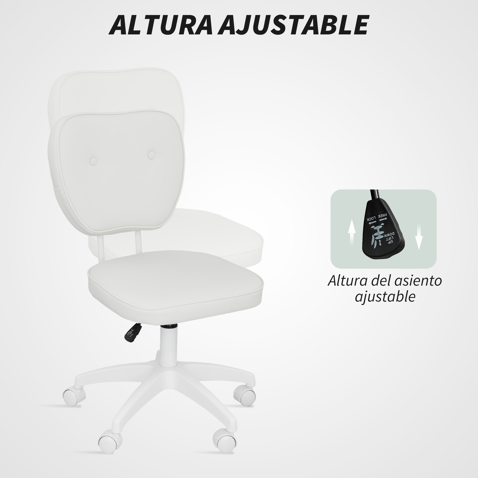 Una silla de oficina blanca con altura de asiento ajustable. Se ve una palanca.