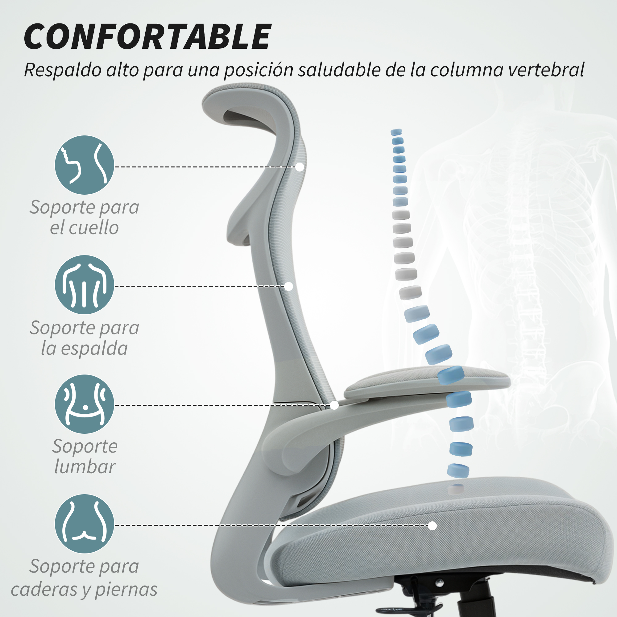 Una silla de oficina con respaldo ergonómico, soporte para cuello y espalda.