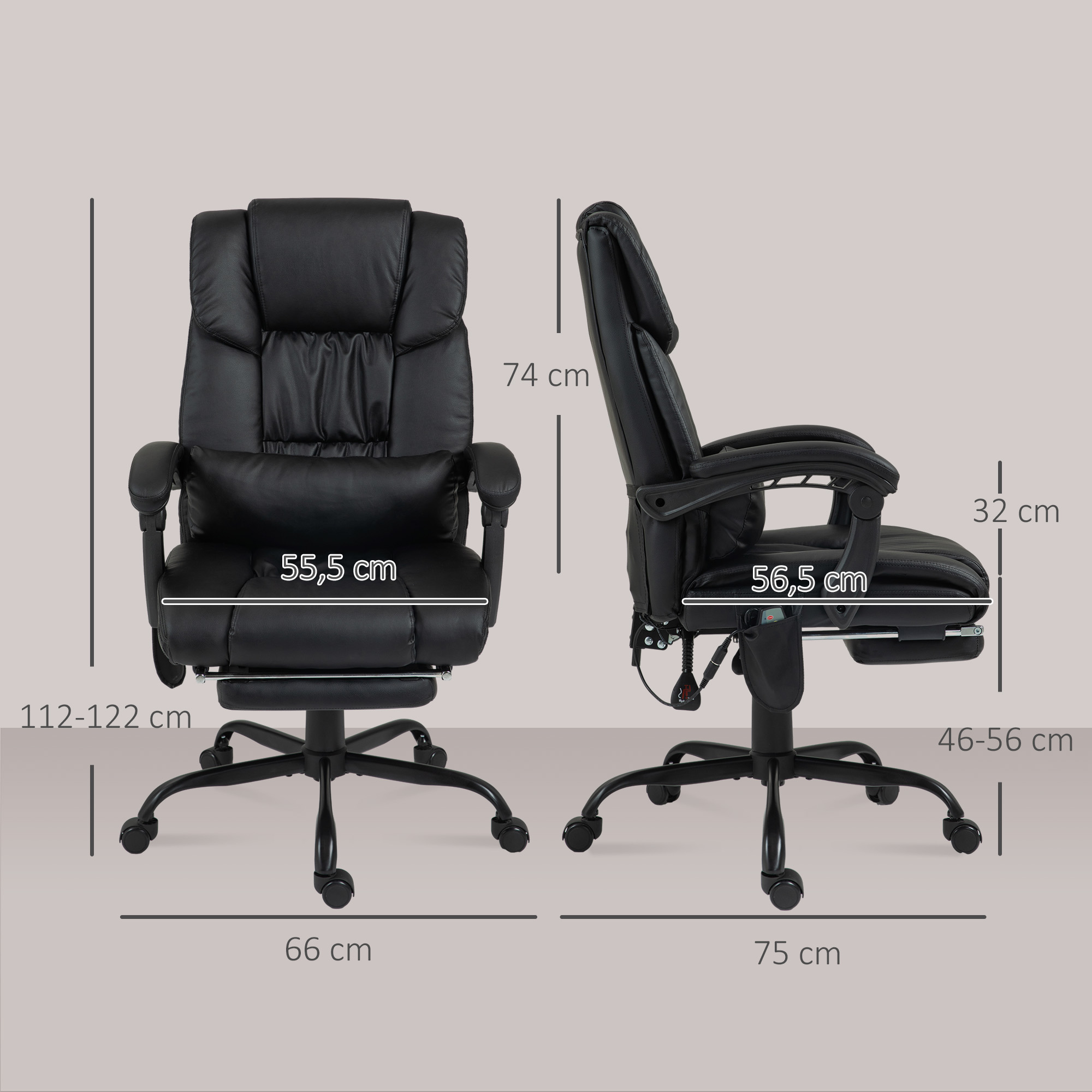 Silla de oficina negra con reposapiés, se indican las dimensiones.