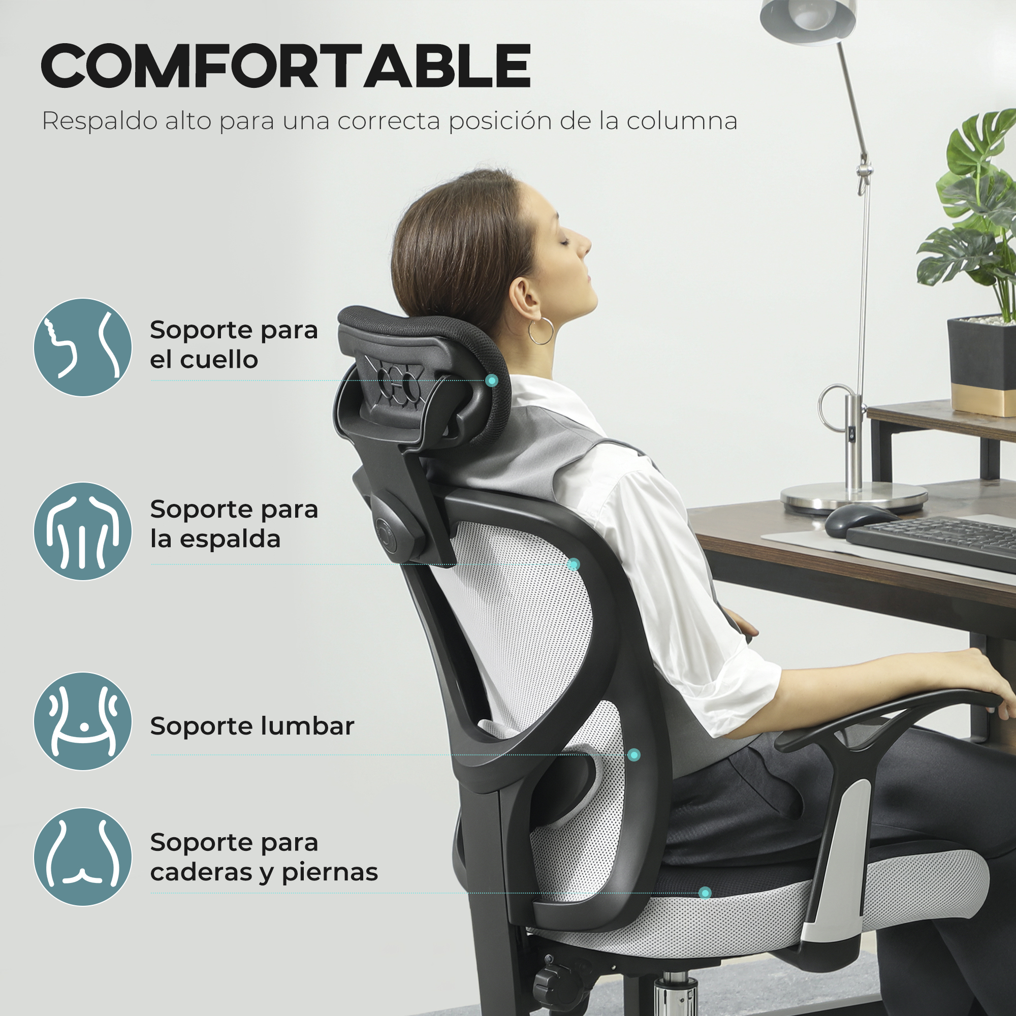 Mujer sentada en silla de oficina con respaldo alto, soporte cervical, lumbar y piernas.