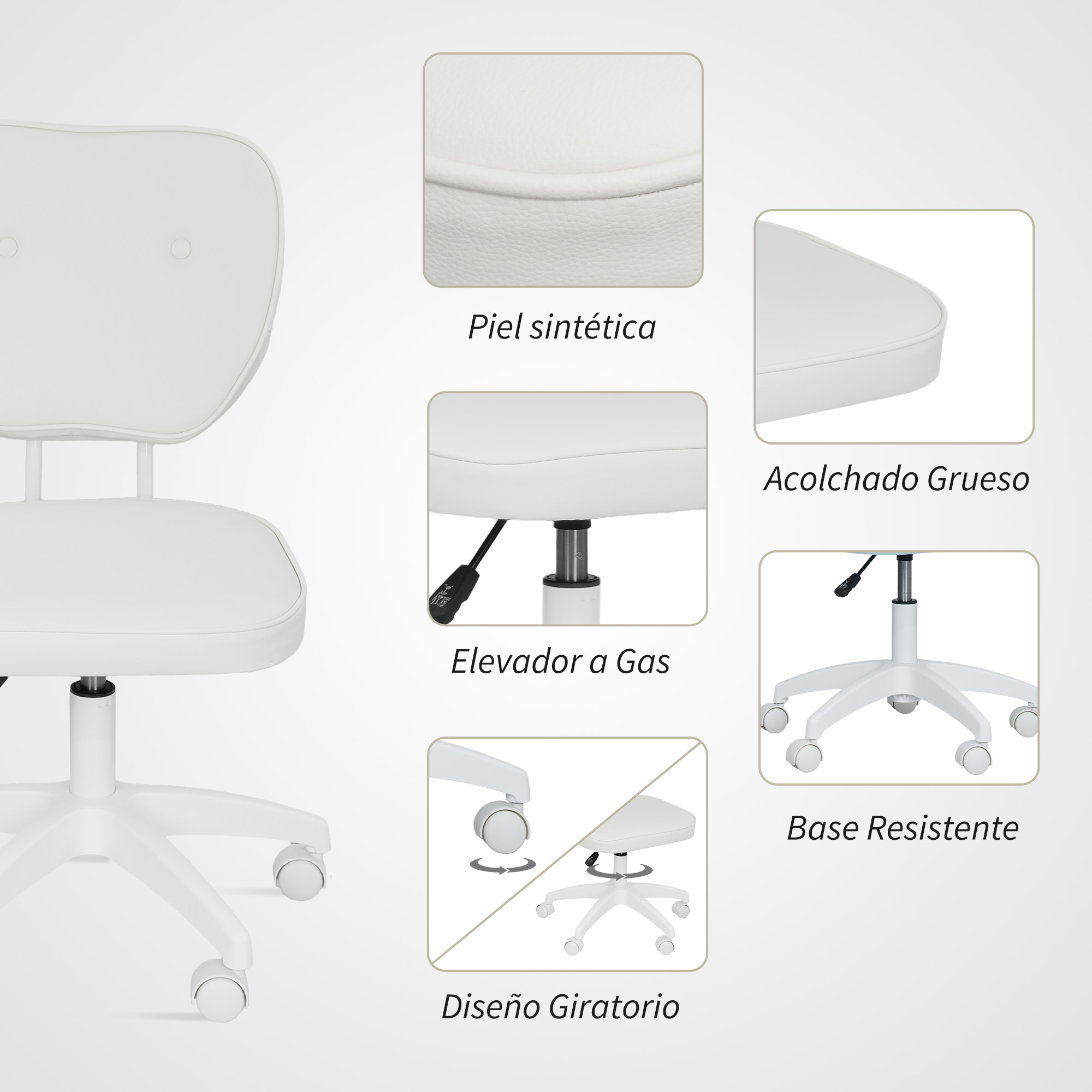 Una silla de oficina blanca con elevador de gas, ruedas y altura ajustable.