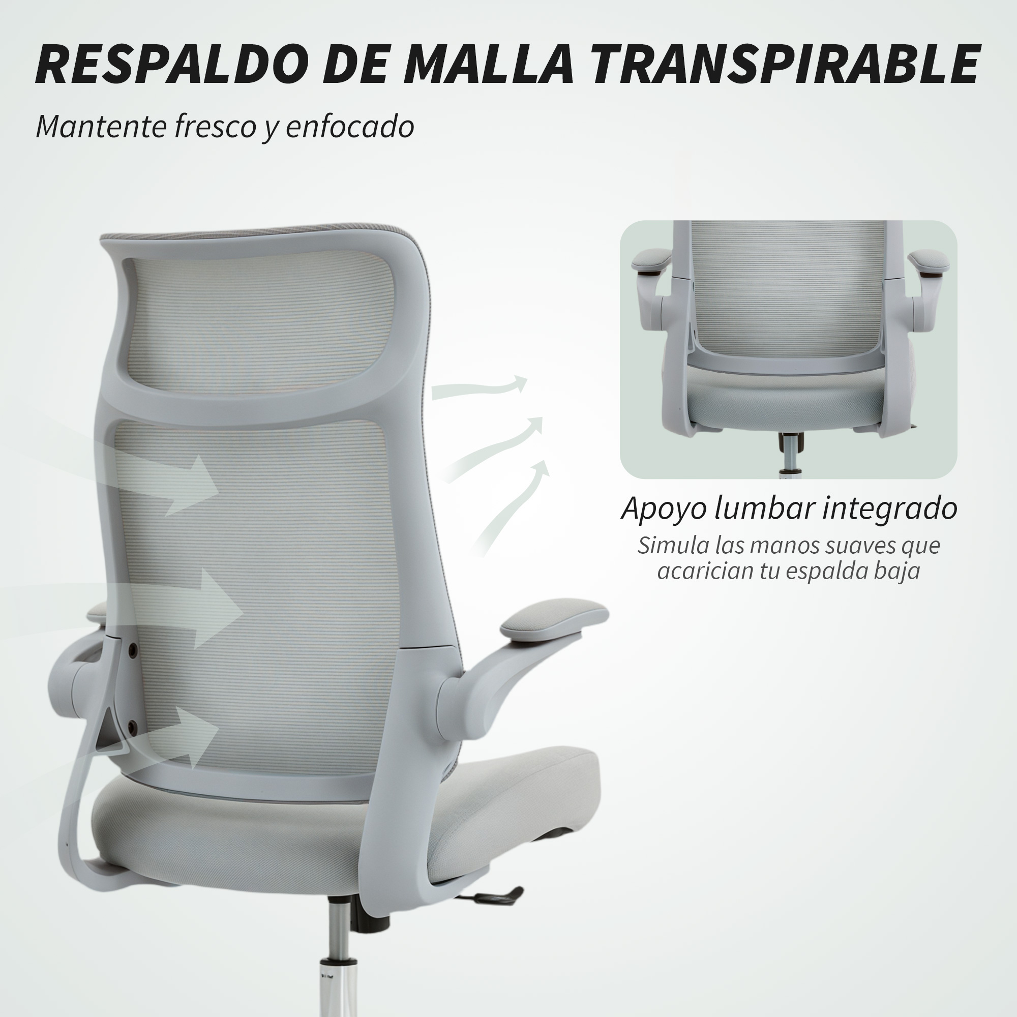 Silla de oficina gris con respaldo de malla transpirable y soporte lumbar.