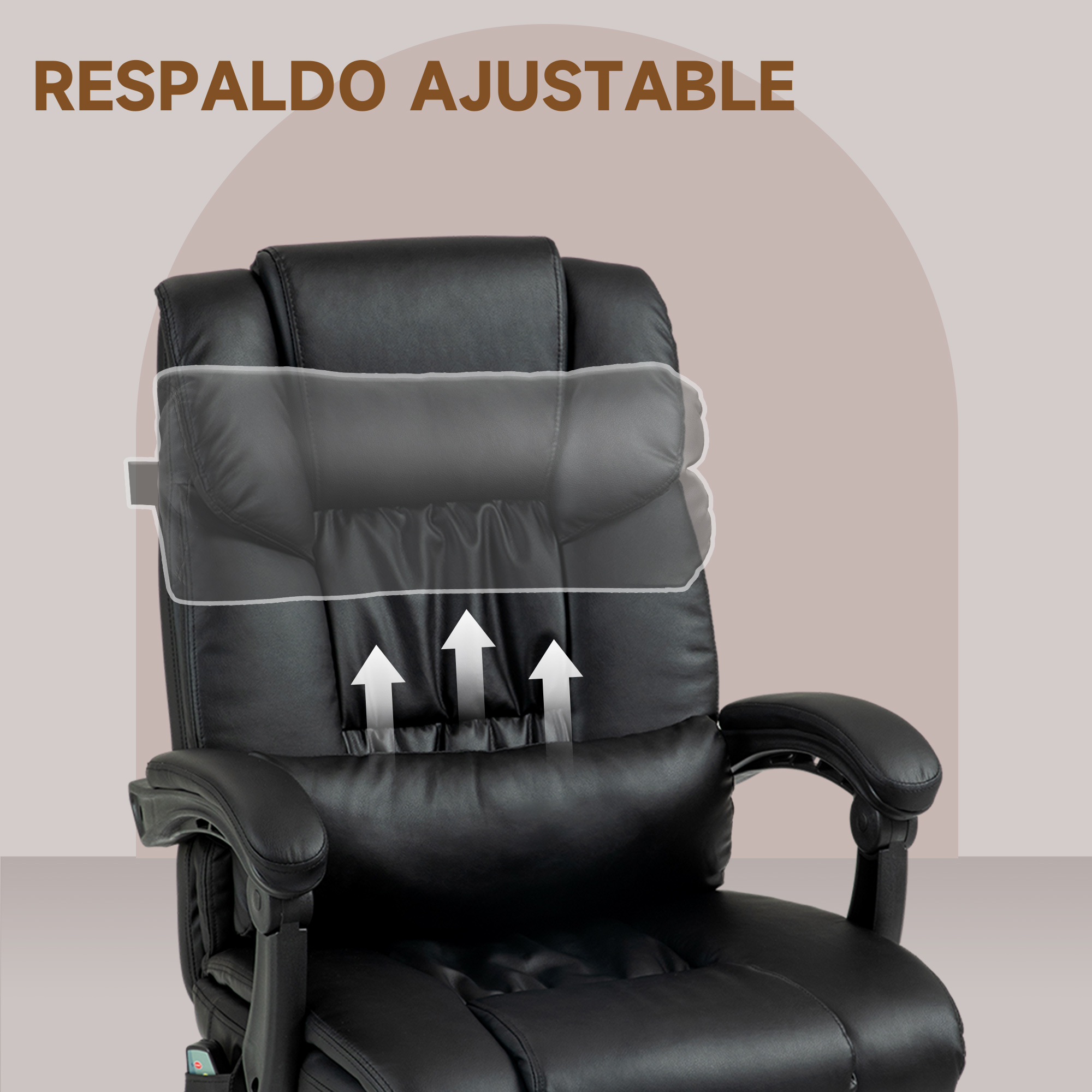 Silla de oficina negra con soporte lumbar ajustable y flechas.