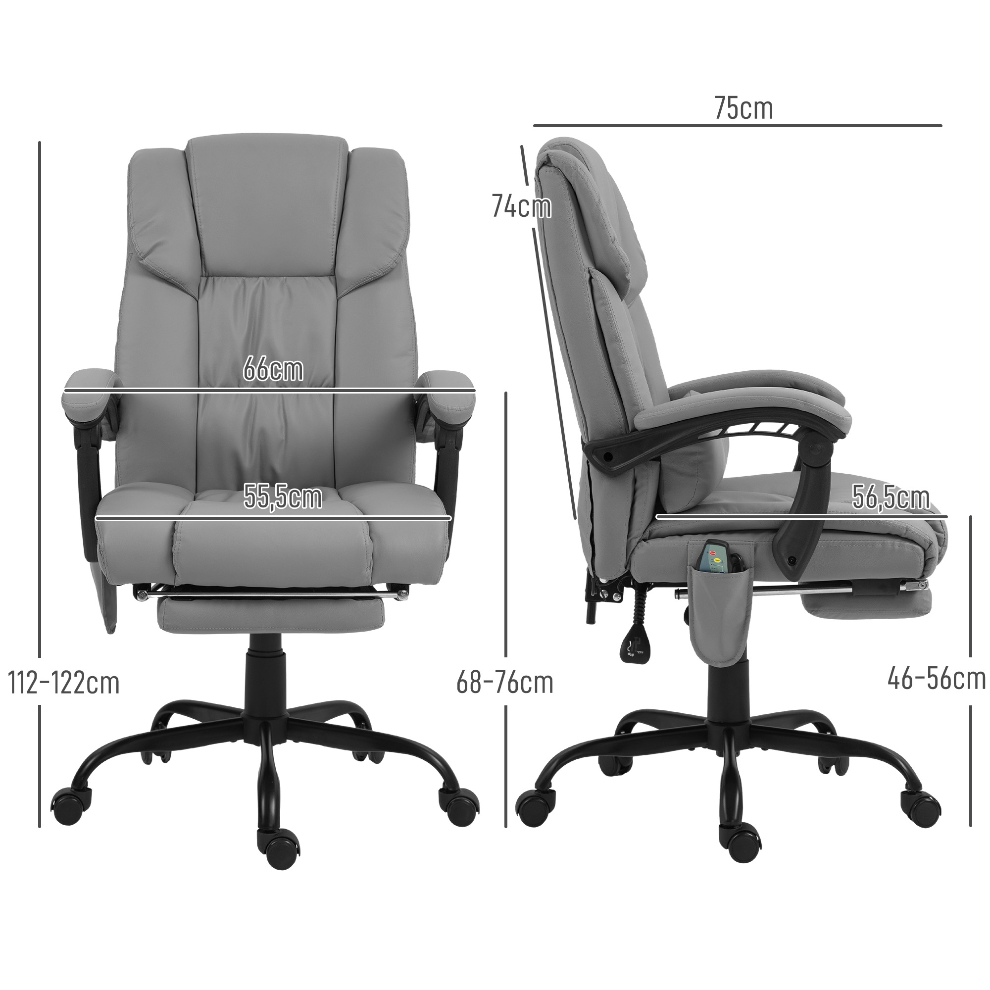 Silla de oficina gris con reposapiés extensible y dimensiones.