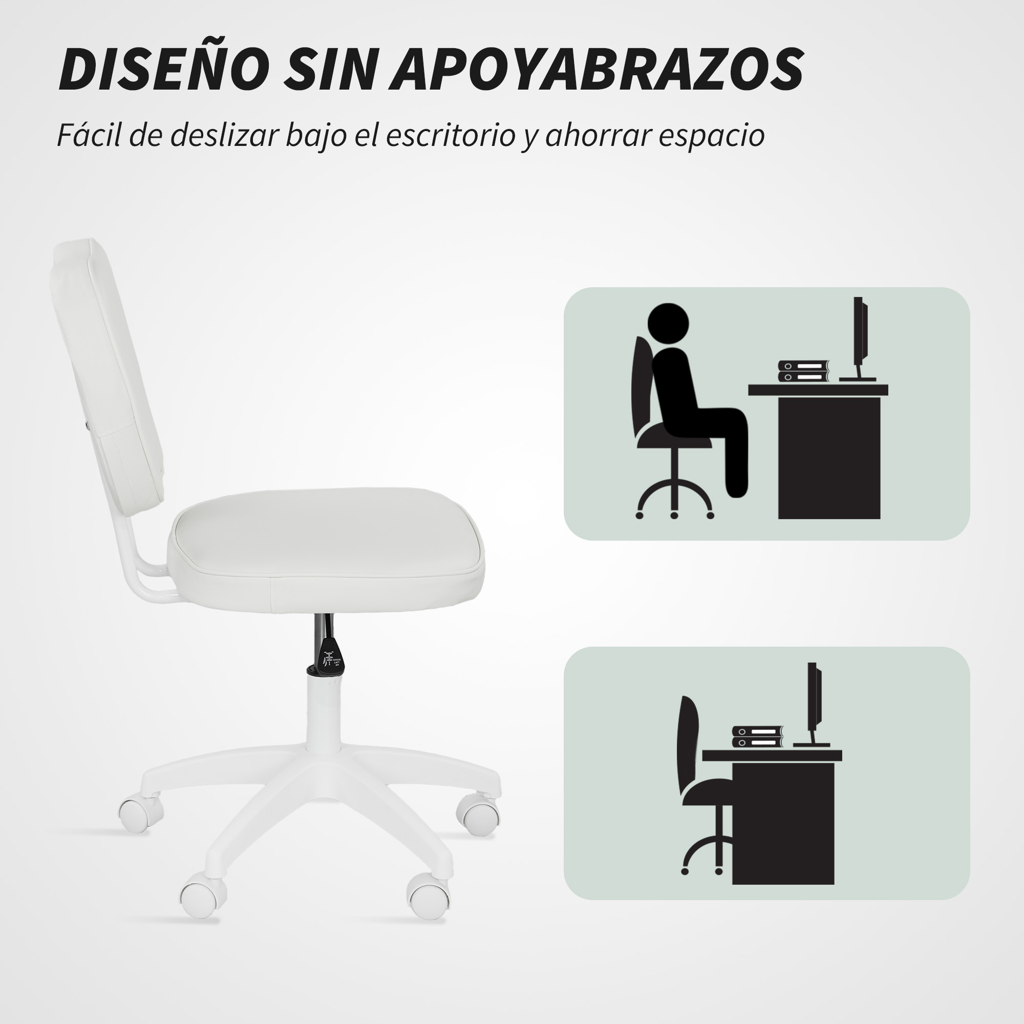 Una silla de oficina blanca sin brazos y dos gráficos que la muestran debajo de un escritorio.