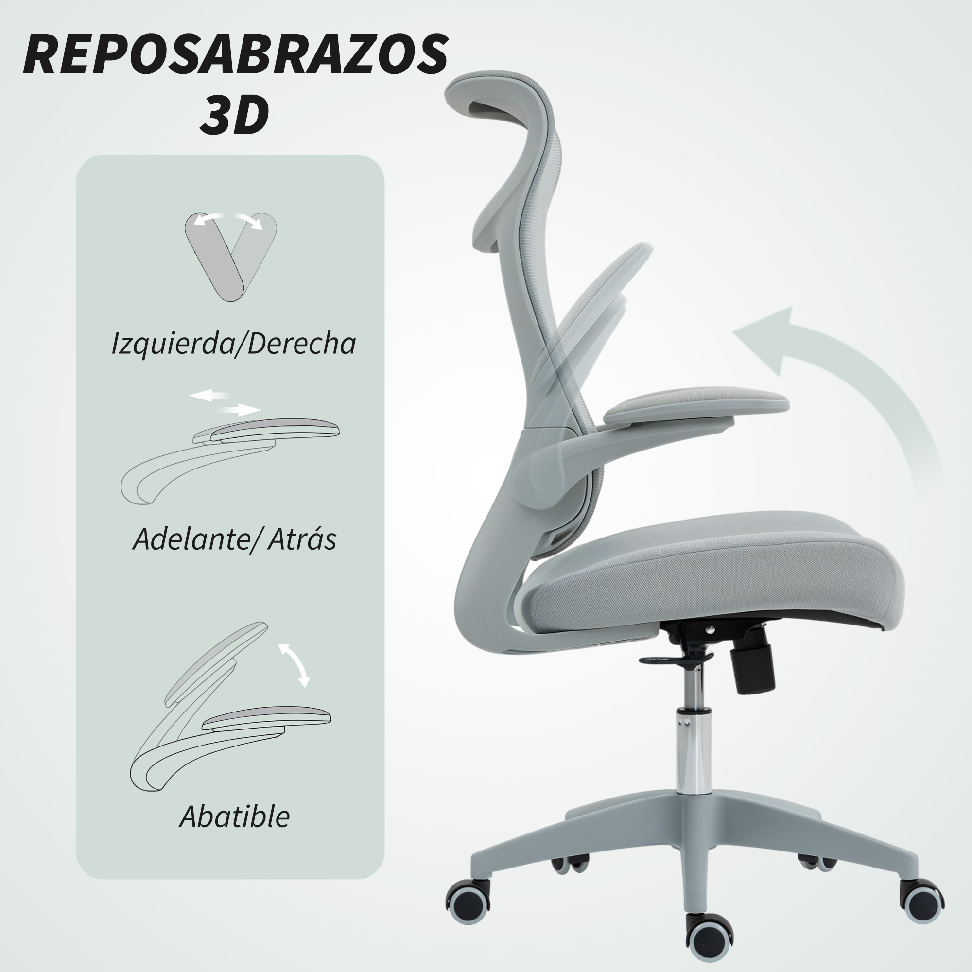 Silla de oficina gris con diagrama de ajuste de reposabrazos 3D a la izquierda.
