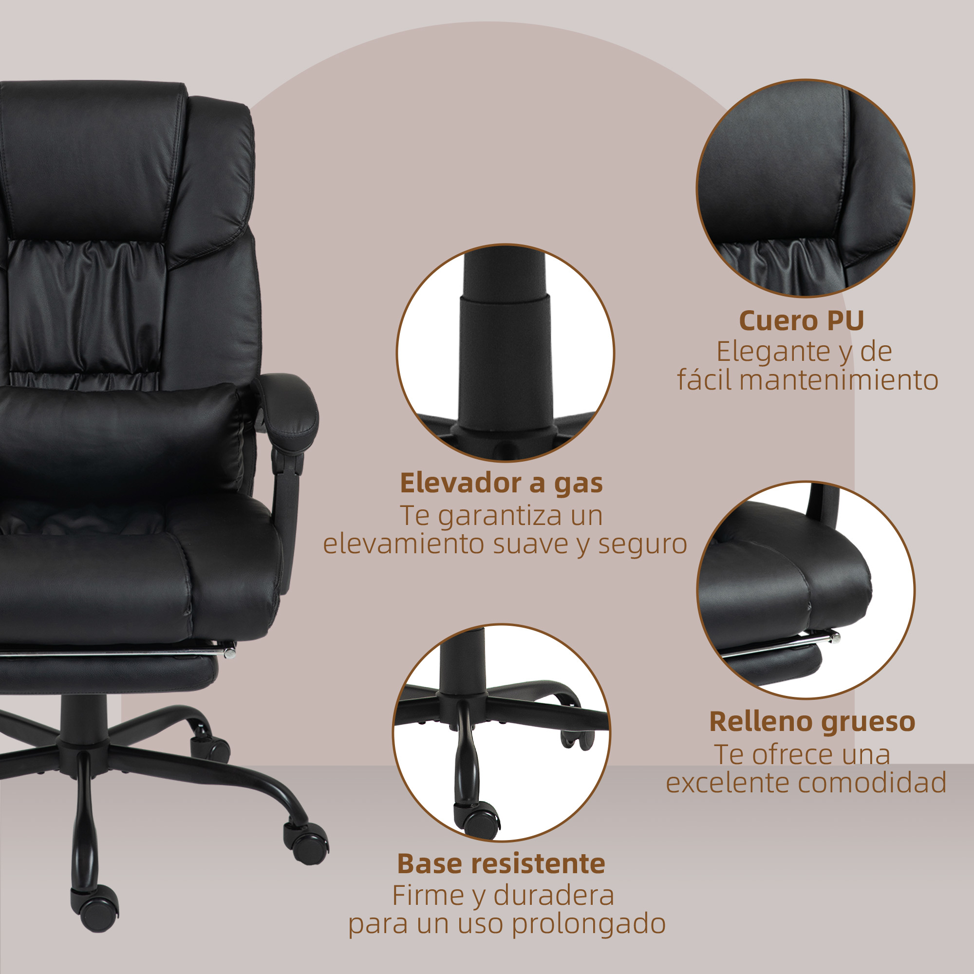 Silla de oficina negra de cuero PU con elevador de gas y base resistente.
