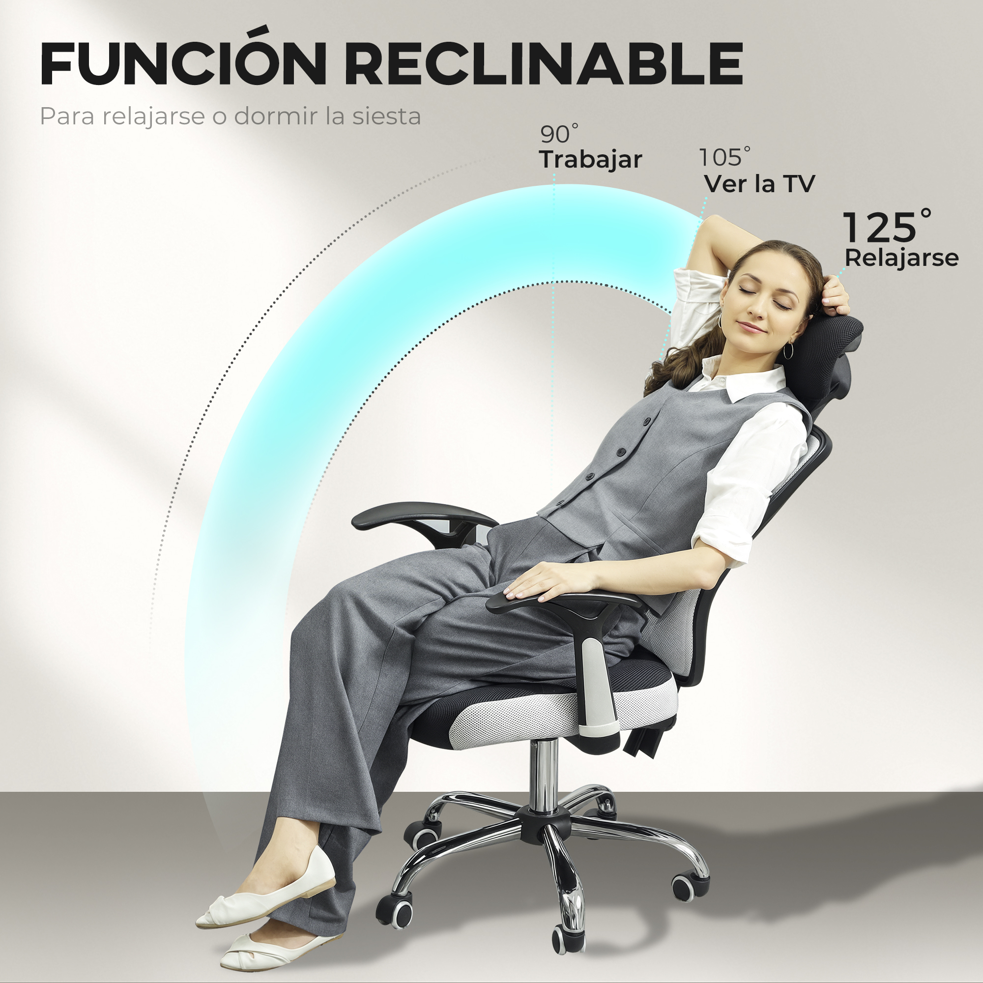 Mujer en silla de oficina reclinándose en diferentes ángulos: 90° trabajo, 105° TV, 125° relax.