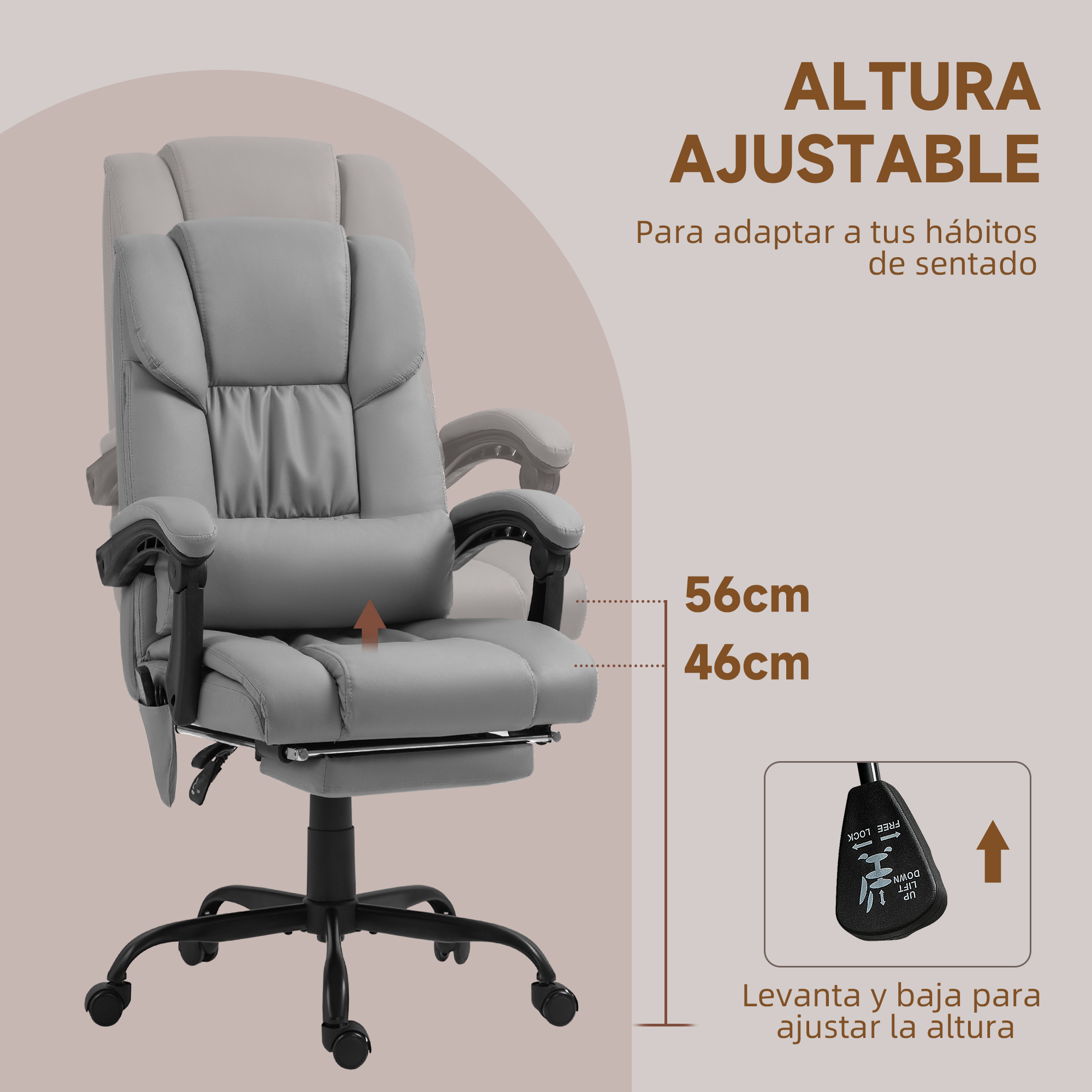 Silla de oficina gris con altura regulable y reposapiés extraíble.