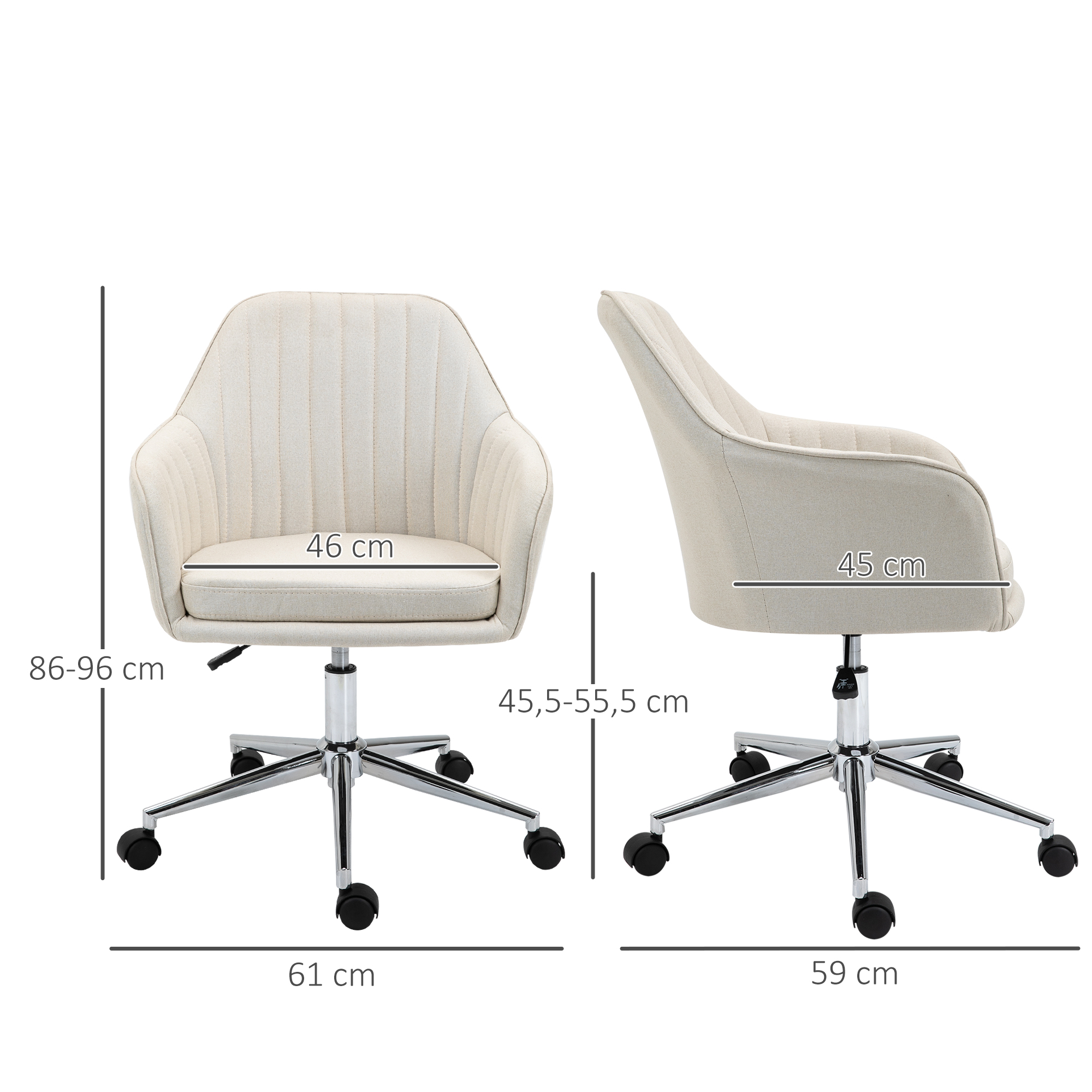 Silla de oficina beige con ruedas, dimensiones: 86-96cm alto, 46cm ancho asiento, 45cm prof.