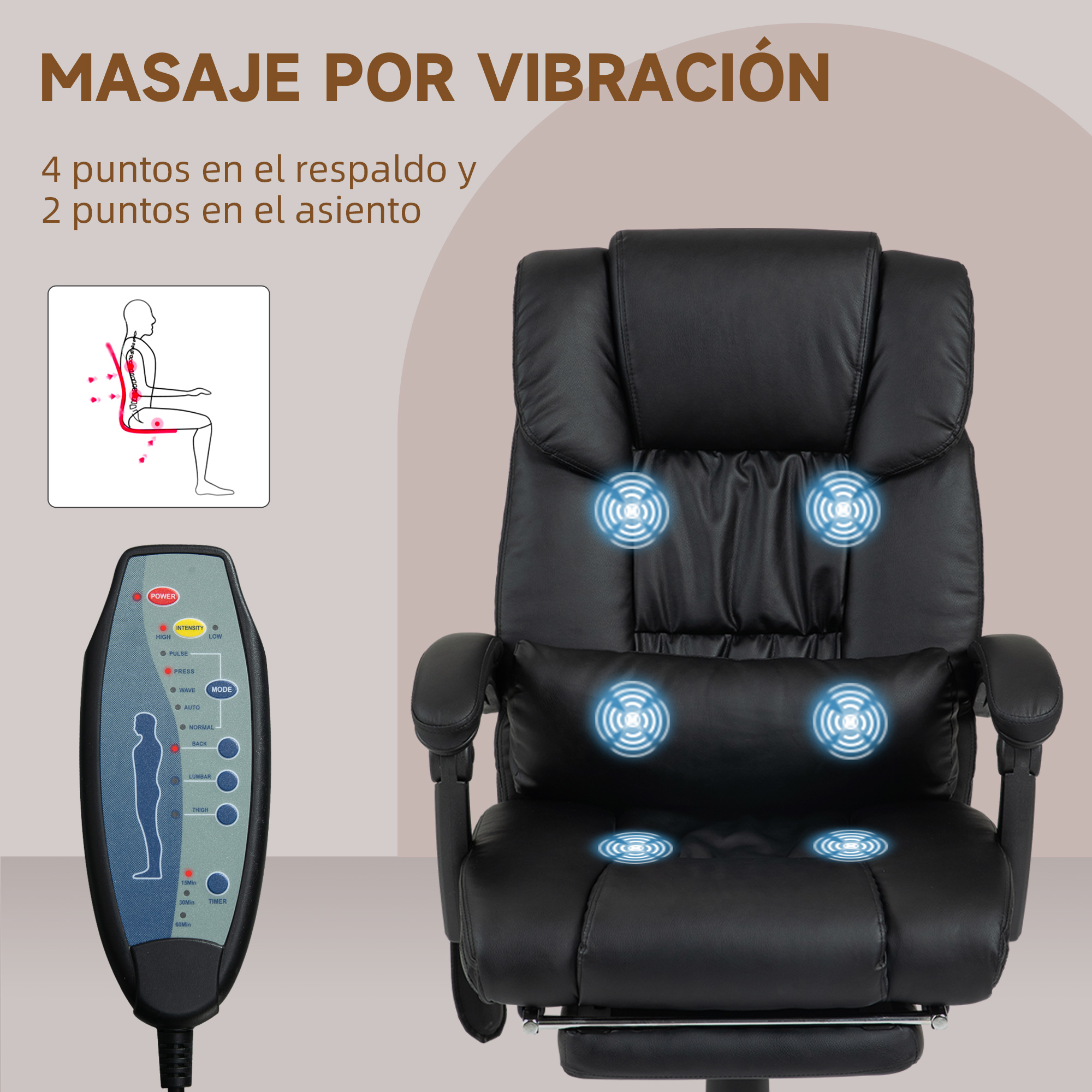 Silla de masaje negra con mando a distancia e iconos de vibración.