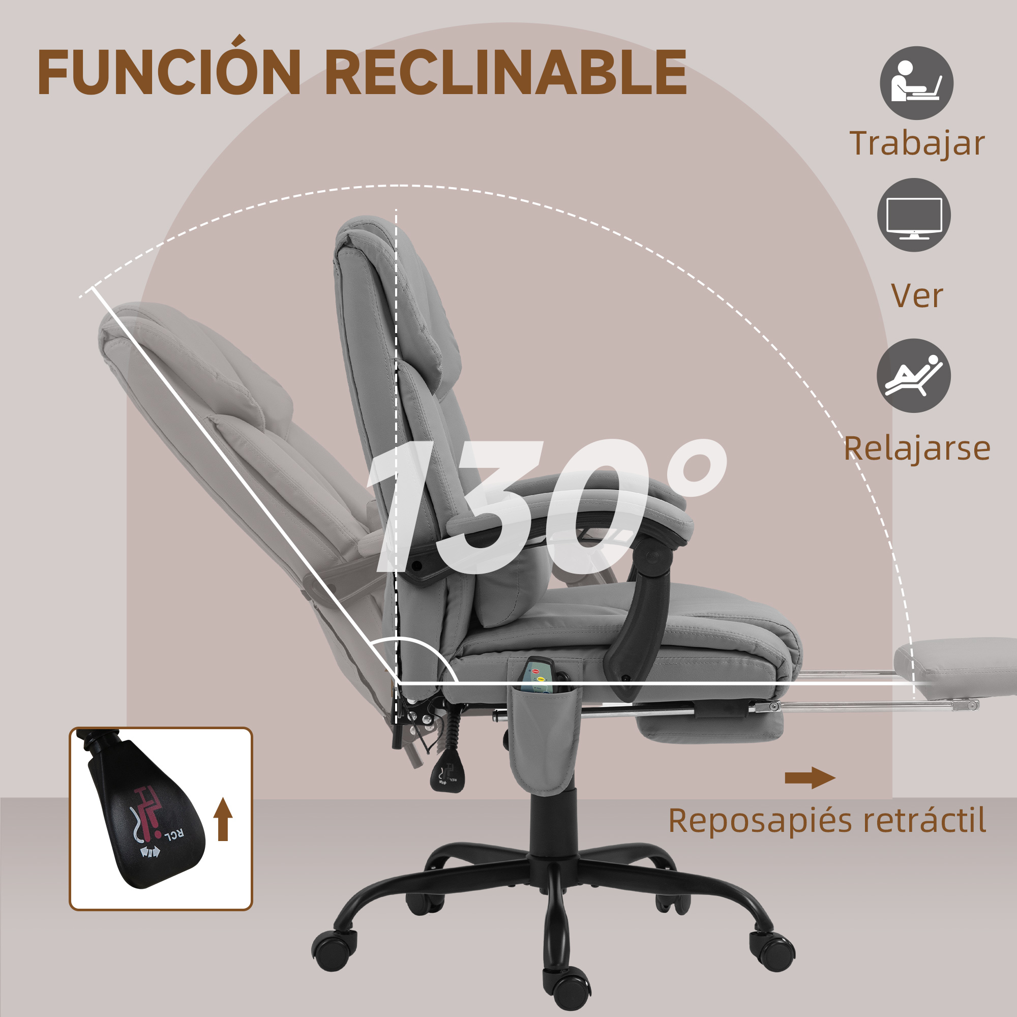 Silla de oficina gris con reposapiés retráctil, se reclina 130°.