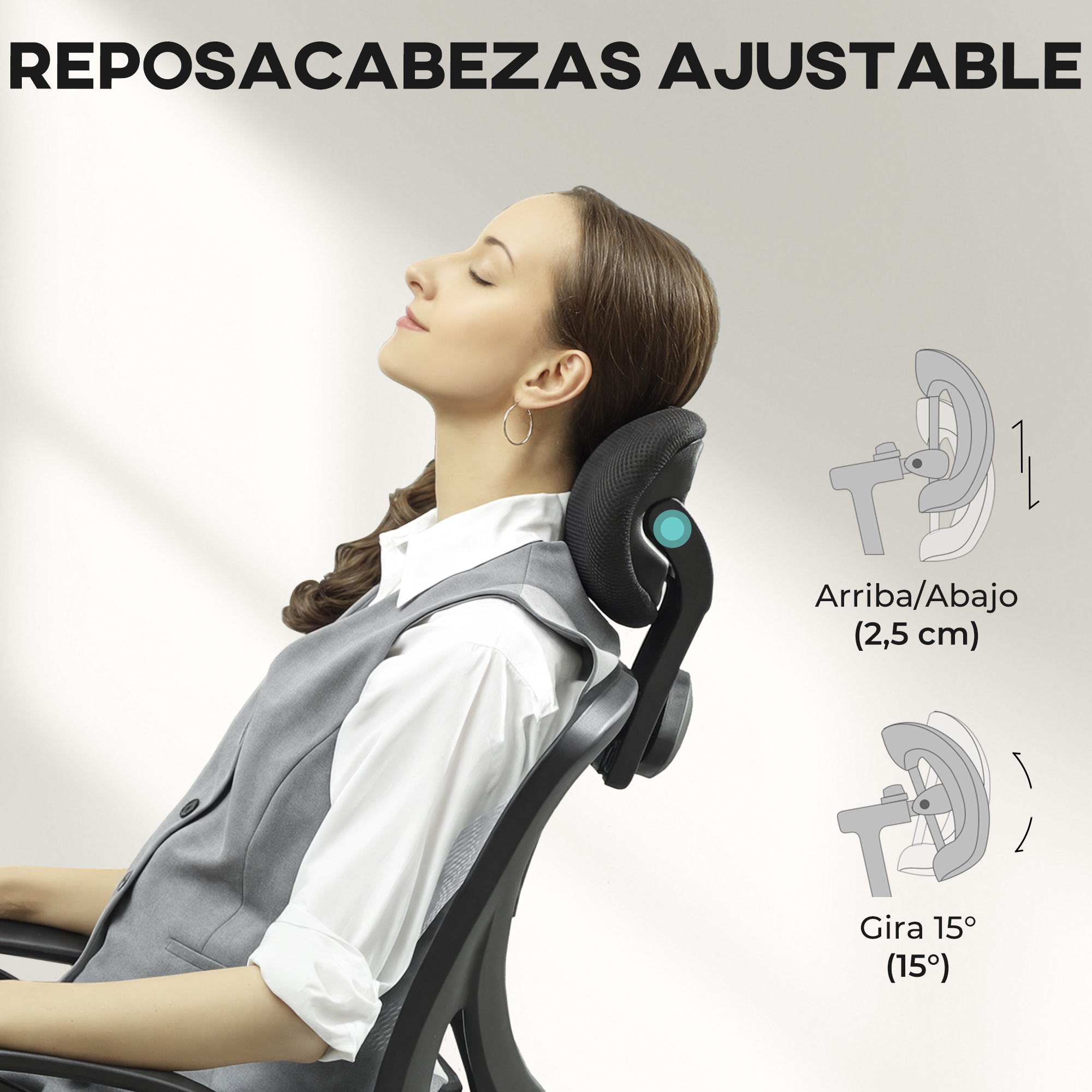 Mujer recostada en silla de oficina, se muestra reposacabezas.