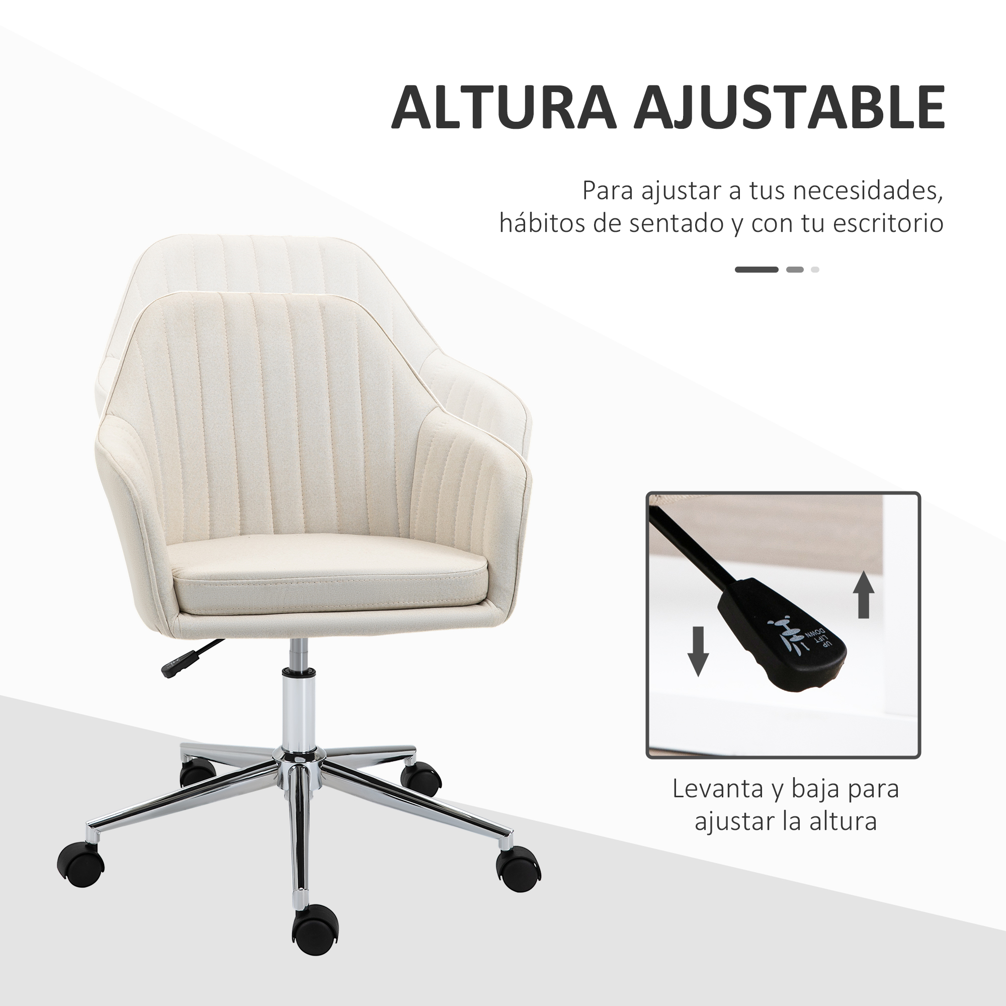 Silla de oficina beige con altura ajustable y ruedas. Se muestra una palanca.