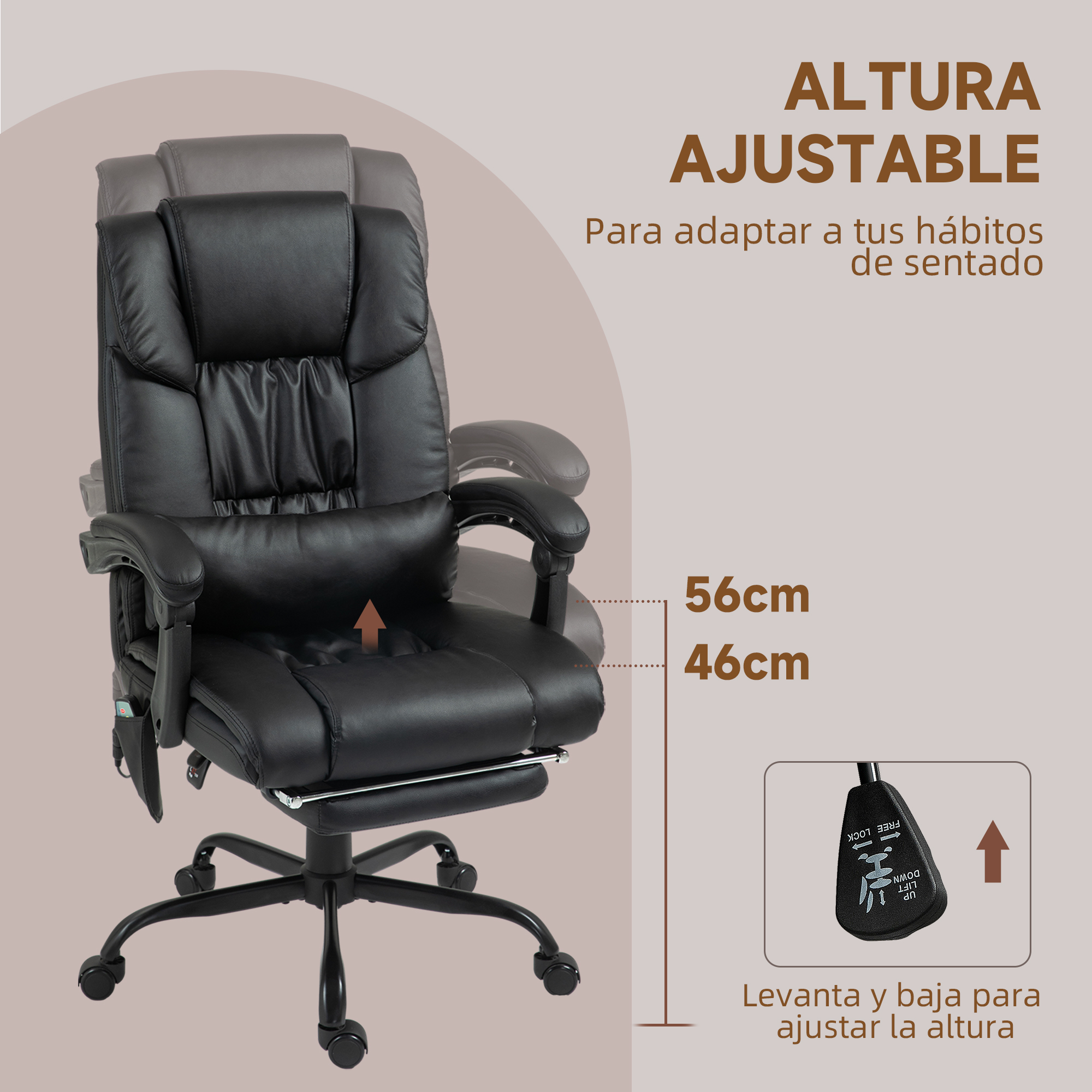Silla de oficina negra con altura ajustable, mostrando 56cm y 46cm.