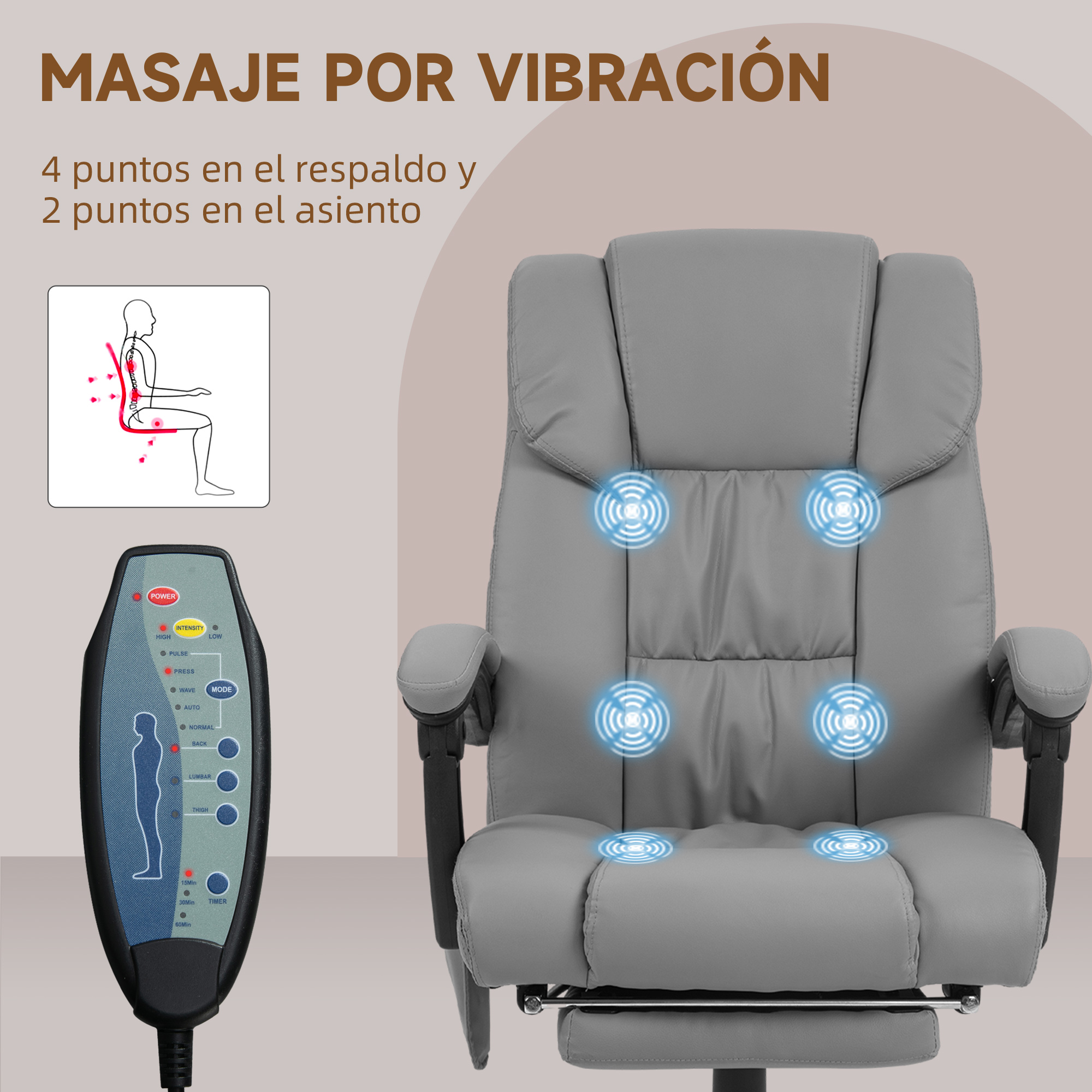 Sillón de masaje gris con mando a distancia e iconos de vibración.