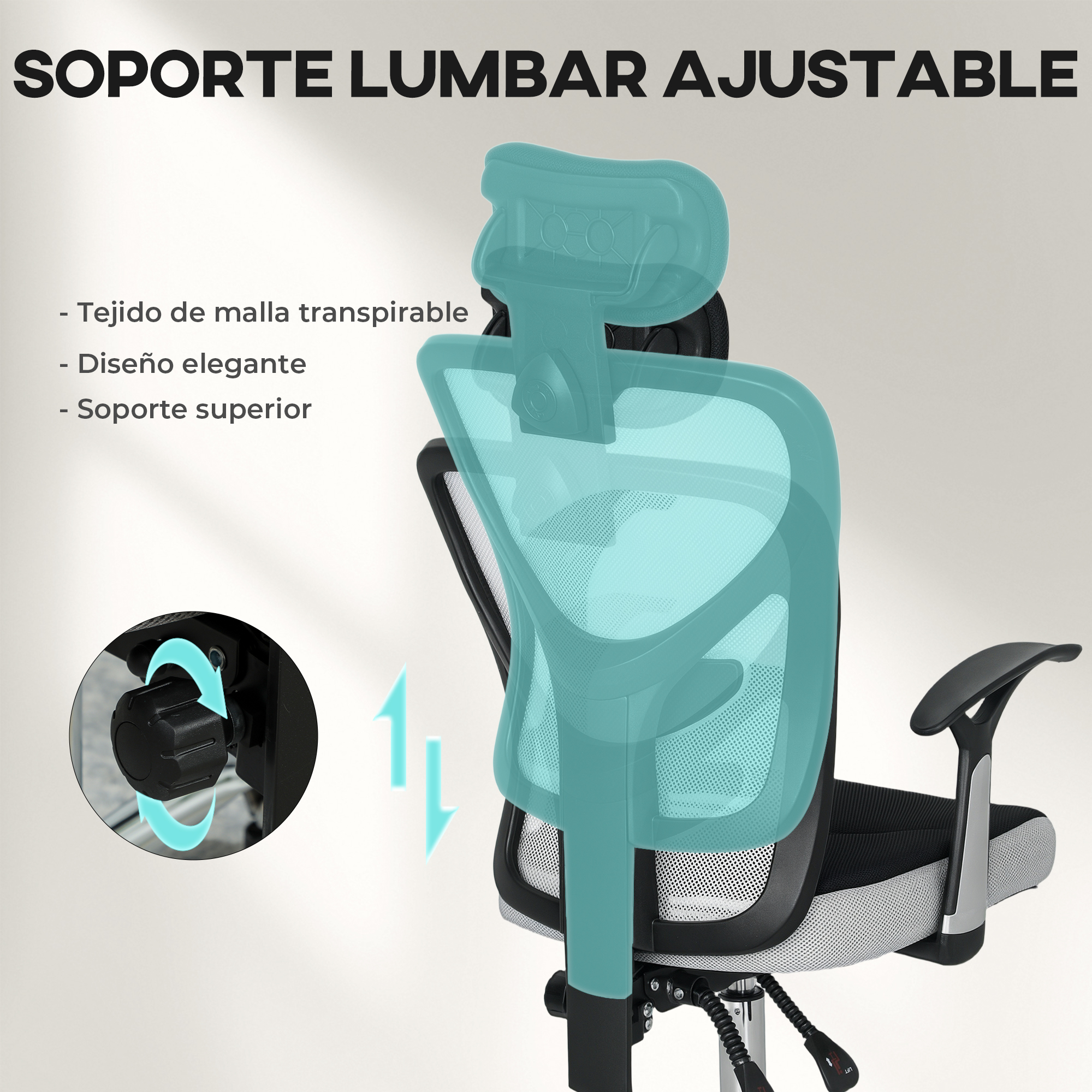 Silla de oficina con respaldo de malla, reposacabezas y soporte lumbar.