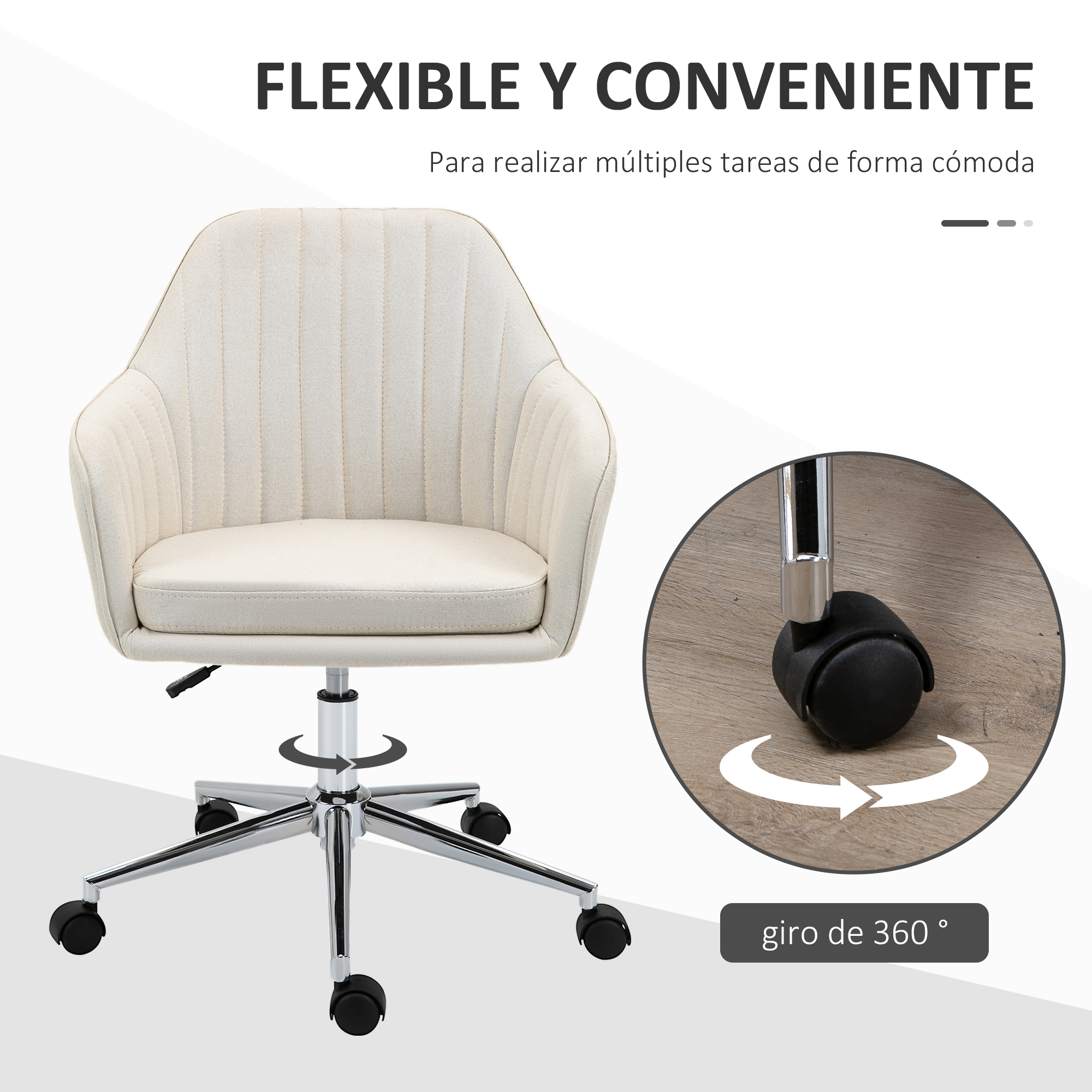 Una silla de oficina beige con ruedas y rotación de 360°.