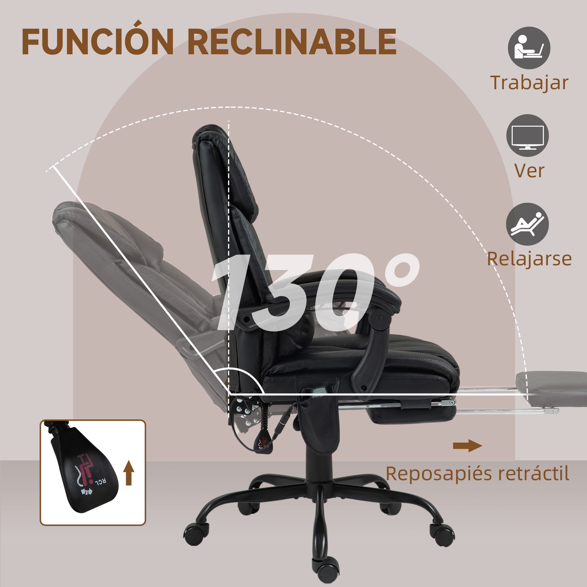 Silla de oficina negra con reposapiés extensible y reclinación 130 grados.