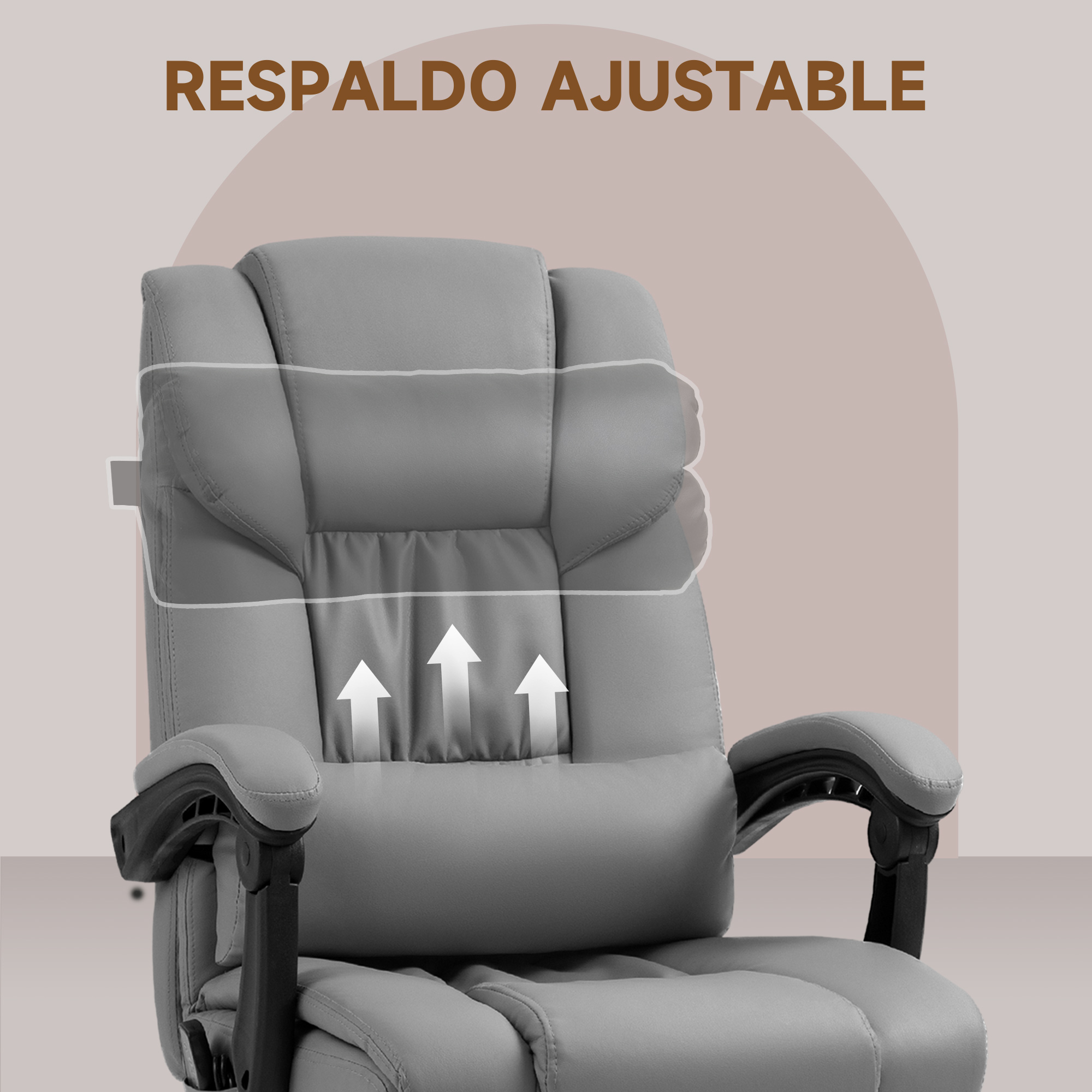 Silla de oficina gris con respaldo ajustable y flechas.